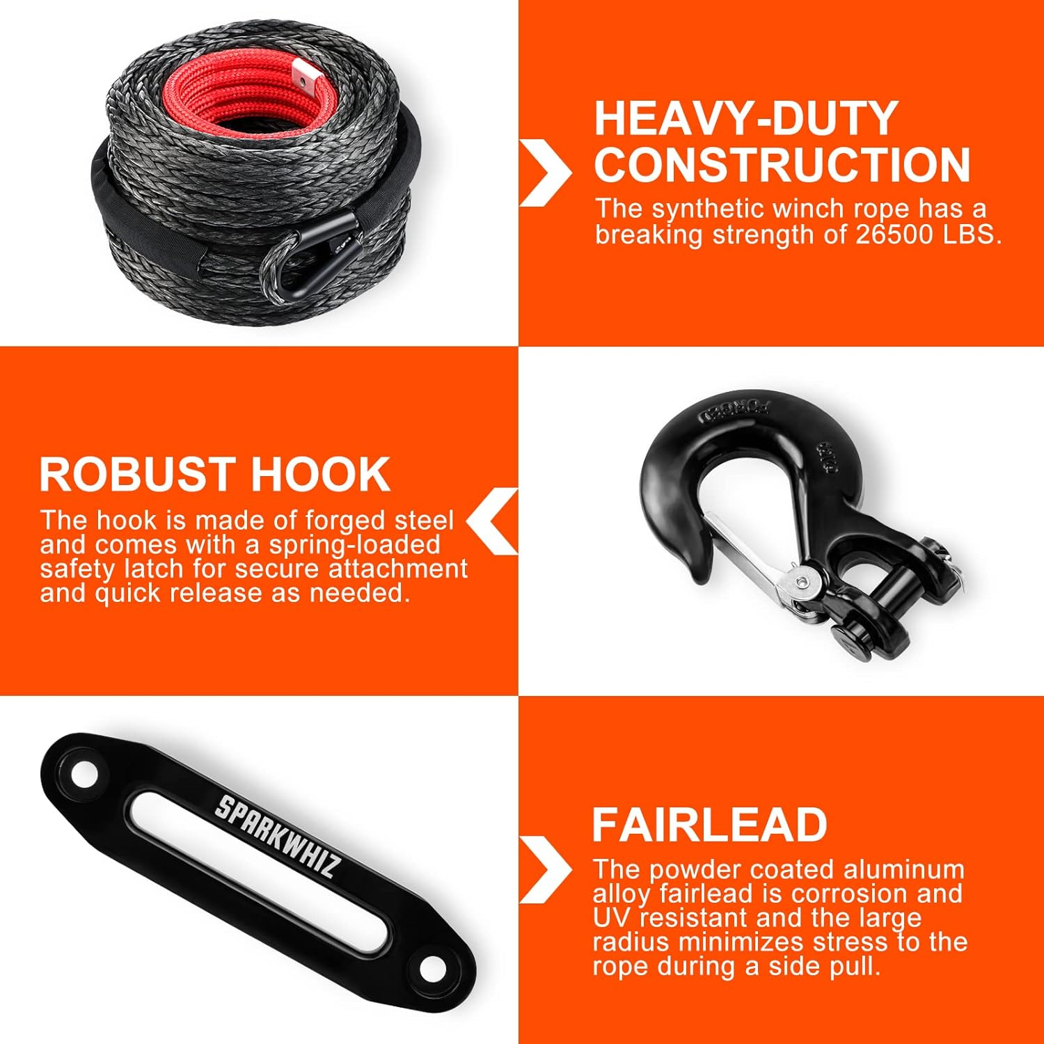 SPARKWHIZ Synthetic Winch Rope Cable Kit, 3/8" X 100 Ft 26500LBS Winch Line Cable with Protective Sleeve+Winch Fairlead+ Stopper+Hook for for 4WD off Road Vehicle Truck SUV ATV UTV image number 5