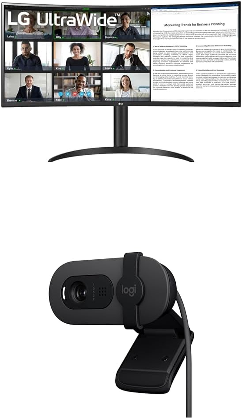 LG 34WR55QK-B 34" Ultrawide QHD Curved Monitor & Logitech Brio 100 Full HD Webcam Bundle