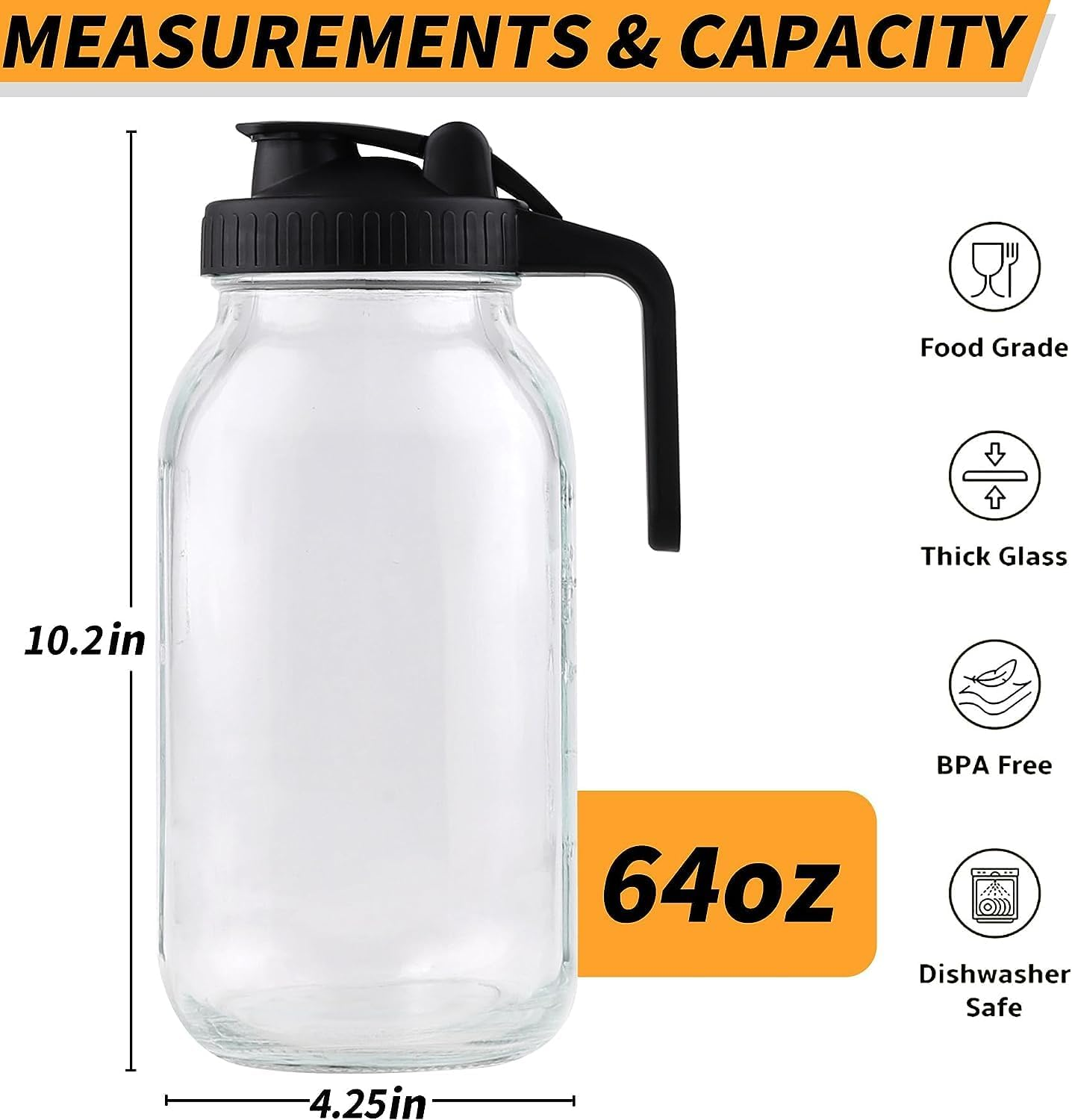 64Oz Wide Mouth Mason Jars Glass Pitcher, 2 Quart Mason Jar Pitcher with Spout, Leak-Proof Jug with Lid, Sun Tea Pitchers for outside Iced Tea, Water, Coffee, Juice, Milk and Drinks (64Oz Black) image number 6
