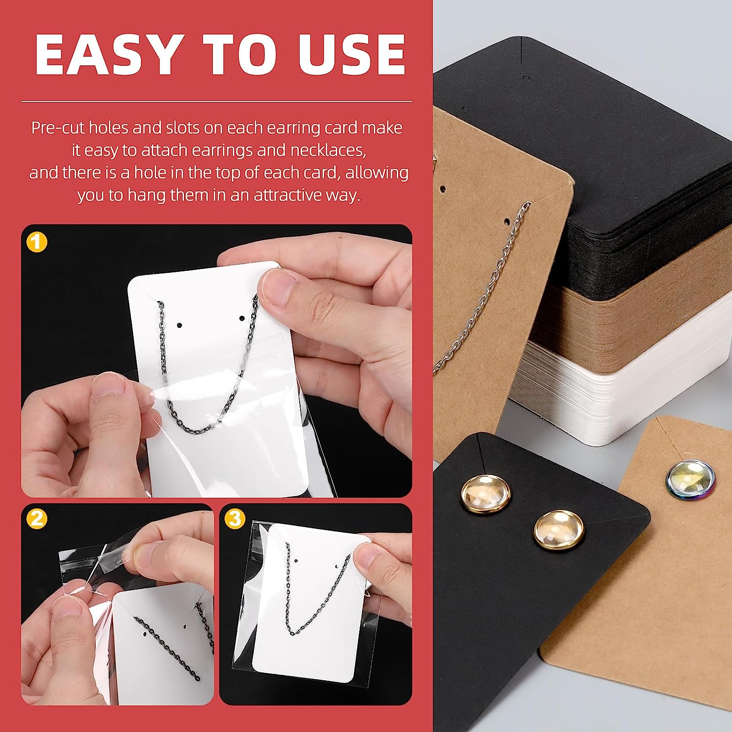 Hilitchi 550Pcs Square Earring Kit - 150Pcs 3.5"X2.4" Necklace Display Cards, 200Pcs Earring Backs, 200Pcs Self-Sealing Bags (Black/White/Brown) - White image number 3
