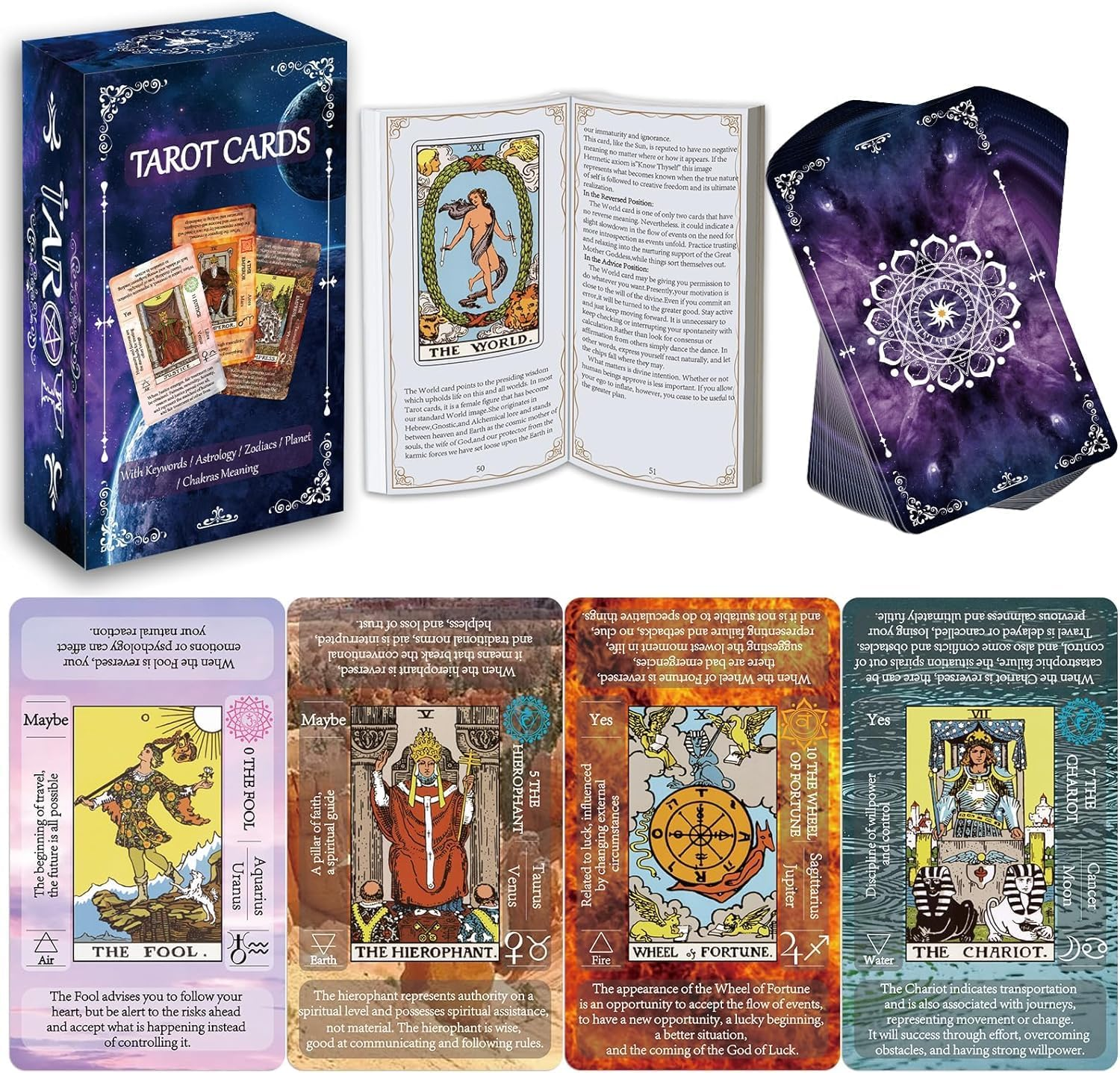 Tarot for Beginners,Tarot Cards Deck with Guide Book,Selected Tarot In-Depth Interpretation Sets with Keywords,Chakras,Planets,Zodiac,Elements,Yes/No, Affirmations. image number 5