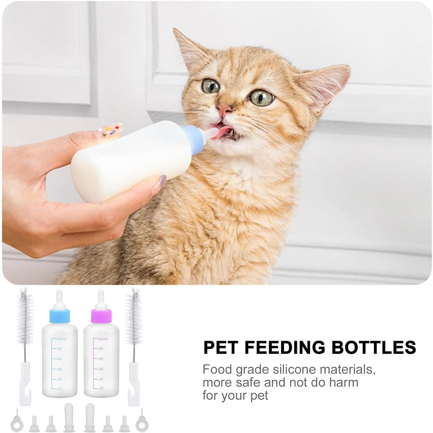 UQMIQURA Pack of 2 Cat Breeding Bottles, 60 Ml Cat Bottle Set, Pet Baby Bottle Kit with Cleaning Brush and Replacement Nipples, Breeding Bottle Pet Milk Bottle for Kittens image number 4