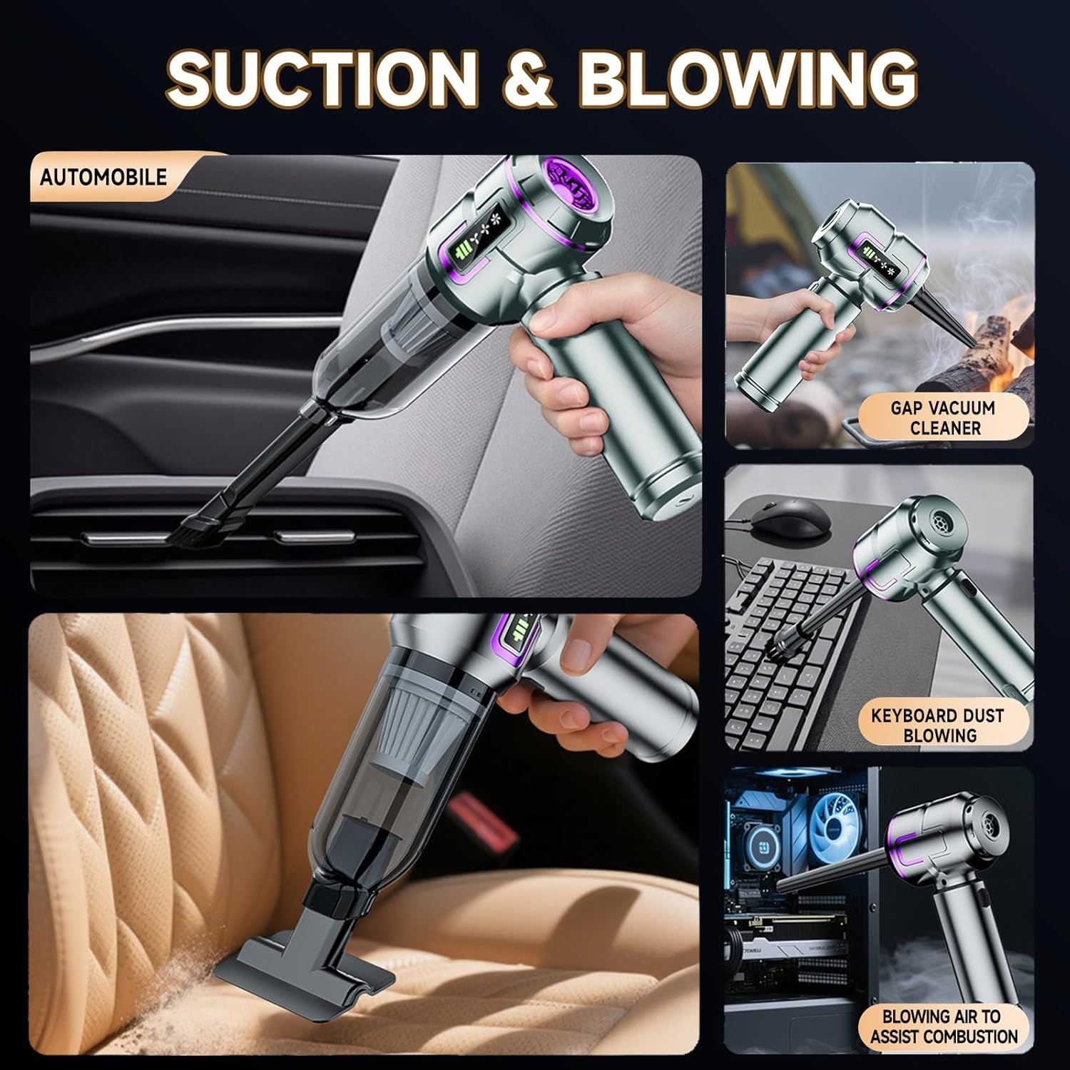 Car Vacuum Cleaner Cordless with Battery Display, 23000PA Mini Handheld Vacuum Cleaner, 4-In-1 Compressed Air Duster & Air Blower & Pump Hand Held Vacuum with Brushless Motor for Car, Home, Office image number 5