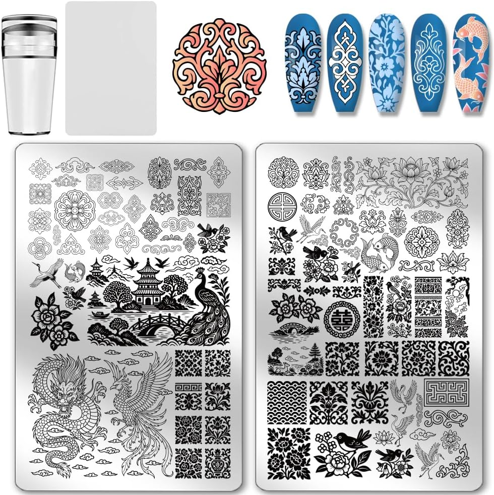 PH Pandahall 2Pcs Chinese Style Nail Stamp Plate Dragon Porcelain Texture Print Art Template Stainless Steel Nail Image Plate Nails Stencils for Women DIY Printing 5.7X3.7 Inch image number 4