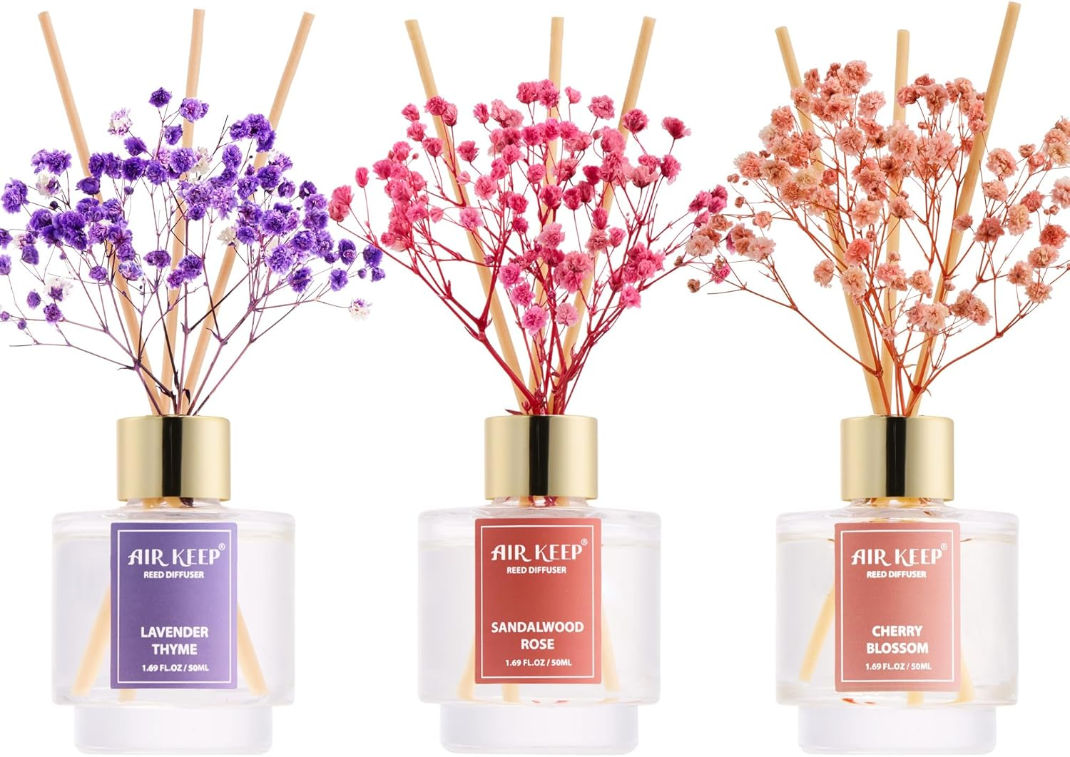 Airkeep Reed Diffuser Set of 3, Lavender Thyme Sandalwood Rose Cherry Blossom Oil Reed Diffusers for Bedroom Living Room Office Aromatherapy Oil Reed Diffuser for Gift 50Ml X 3