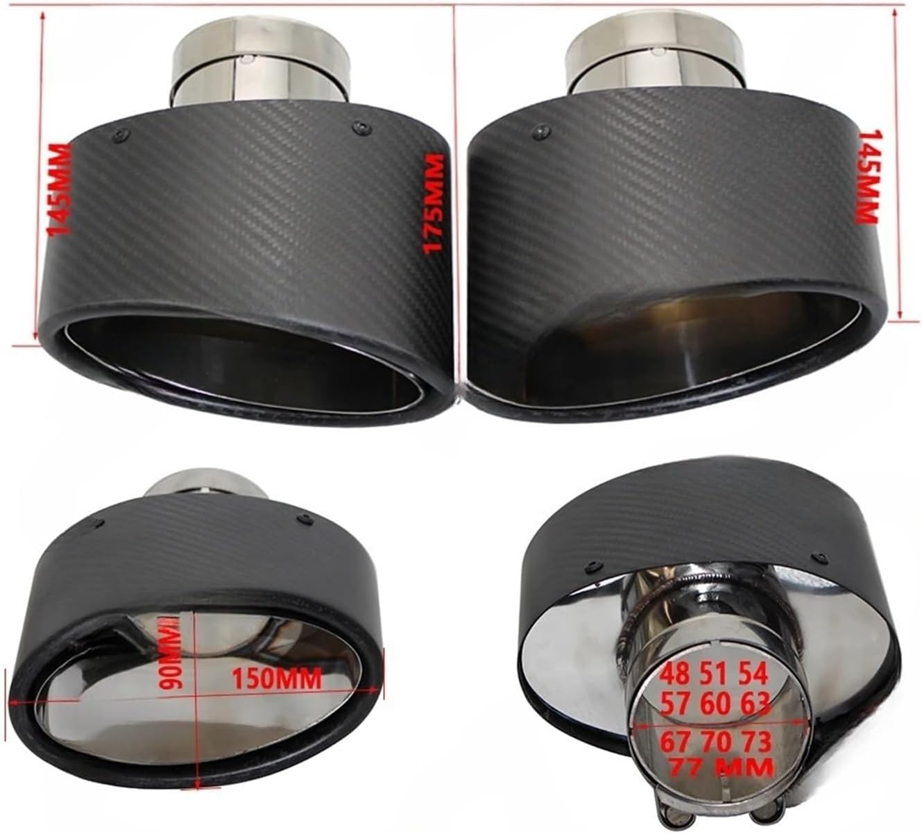 Gloss Carbon Fiber Car Muffler Tip Exhaust Tip Nozzle Decoration Universal Stainless Silver Oval 150Mm Tilting Left Right(Right 54) image number 3