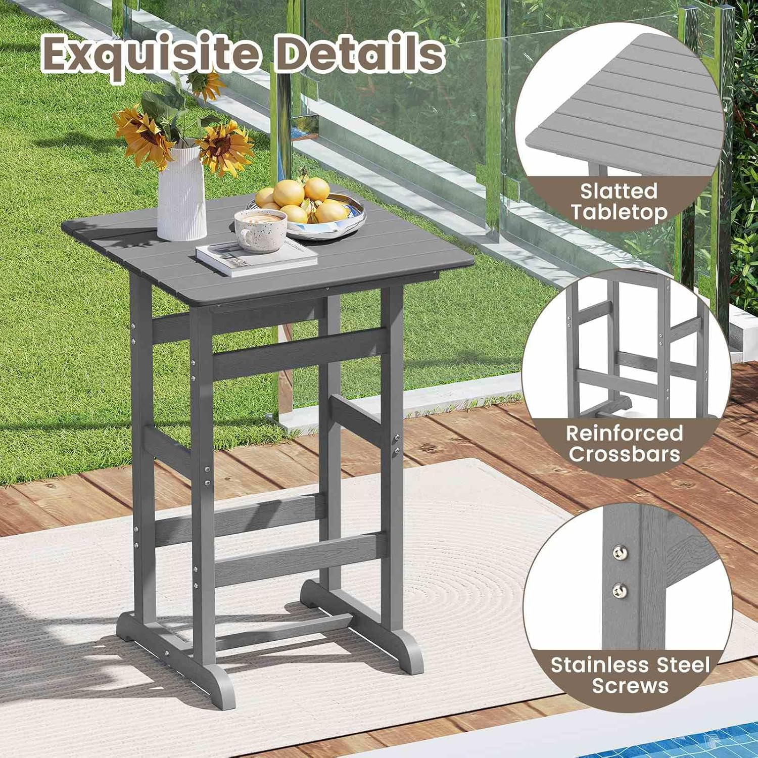 Costway 76Cm X 76Cm Square Bar Table, Patio HDPE Bar Height Dining Table W/Slatted Tabletop, Outdoor All-Weather High-Top Bistro Table for Poolside, Backyard, Balcony (Gray)