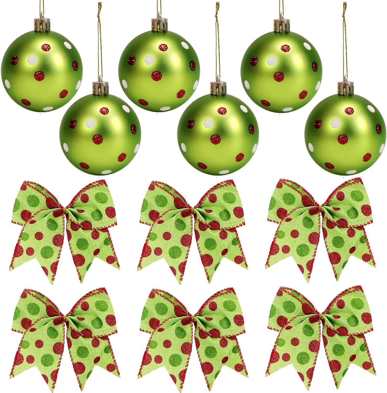 12Pcs Christmas Tree Ornament Set, 6Pcs Christmas Bows and 6Pcs Hanging Balls for Christmas Tree Decoration Wreath Making Supplies New Year Holiday Party Decor (Green Polka Point) image number 1
