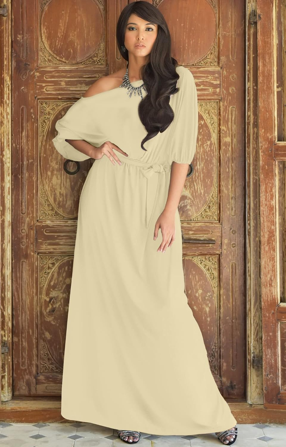 KOH KOH Womens Long Sexy One Shoulder Flowy Casual 3/4 Short Sleeve Maxi Dress image number 1