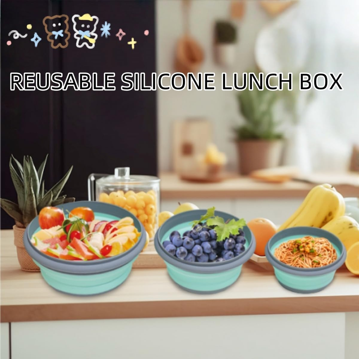 3Pcs Collapsible Bowls,Food Grade Silicone Camping Bowl Salad Bowl with Lids, Portable Expandable Lunch Box Food Storage Container for Camping Travel and Picnic image number 4