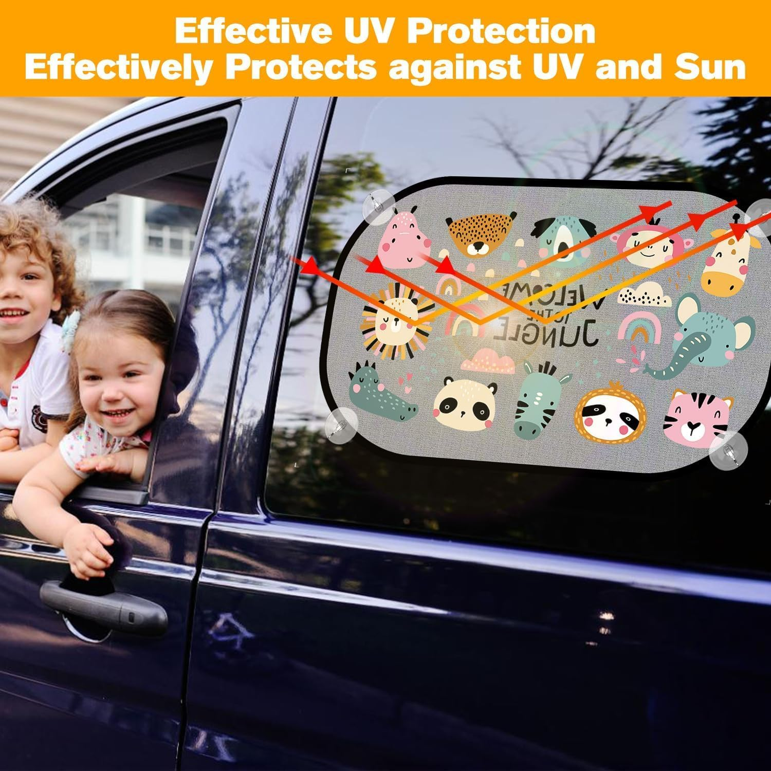 2 Pack Car Window Shades for Baby, UV Protection Sun Visor with Cute Animal Motifs, Universal Fit for Most Cars SUV Sedan, 51X31Cm Side Window Sunshades image number 3