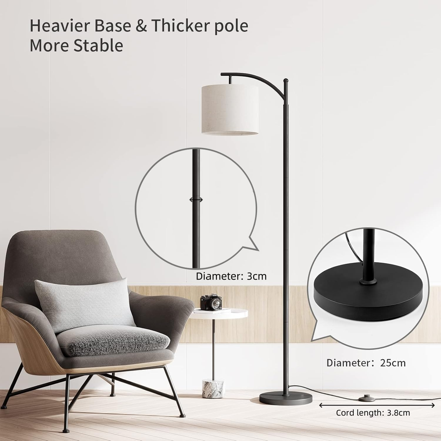 WAMBORY Arc Floor Lamp, LED Modern Floor Lamp for Living Room with 9W 3 Color Temperatures LED Bulb,Metal Standing Lamps with Adjustable Linen Shade,Tall Floor Lamps for Living Room,Office image number 6