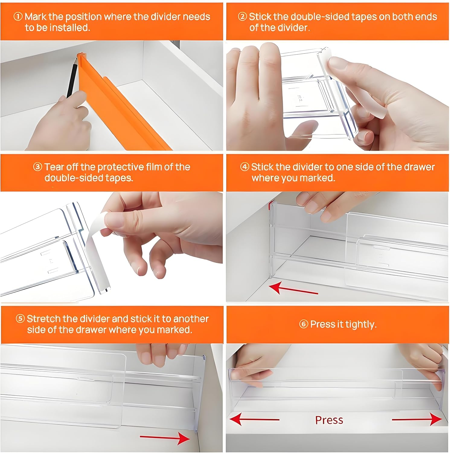 WYFVITDY 10 Pack Drawer Dividers Adjustable Clear Drawer Organisers Expandable 27.5-52Cm, 8Cm High Dividers Separators for Kitchen, Bedroom, Office, Bathroom No Tools Needed image number 2