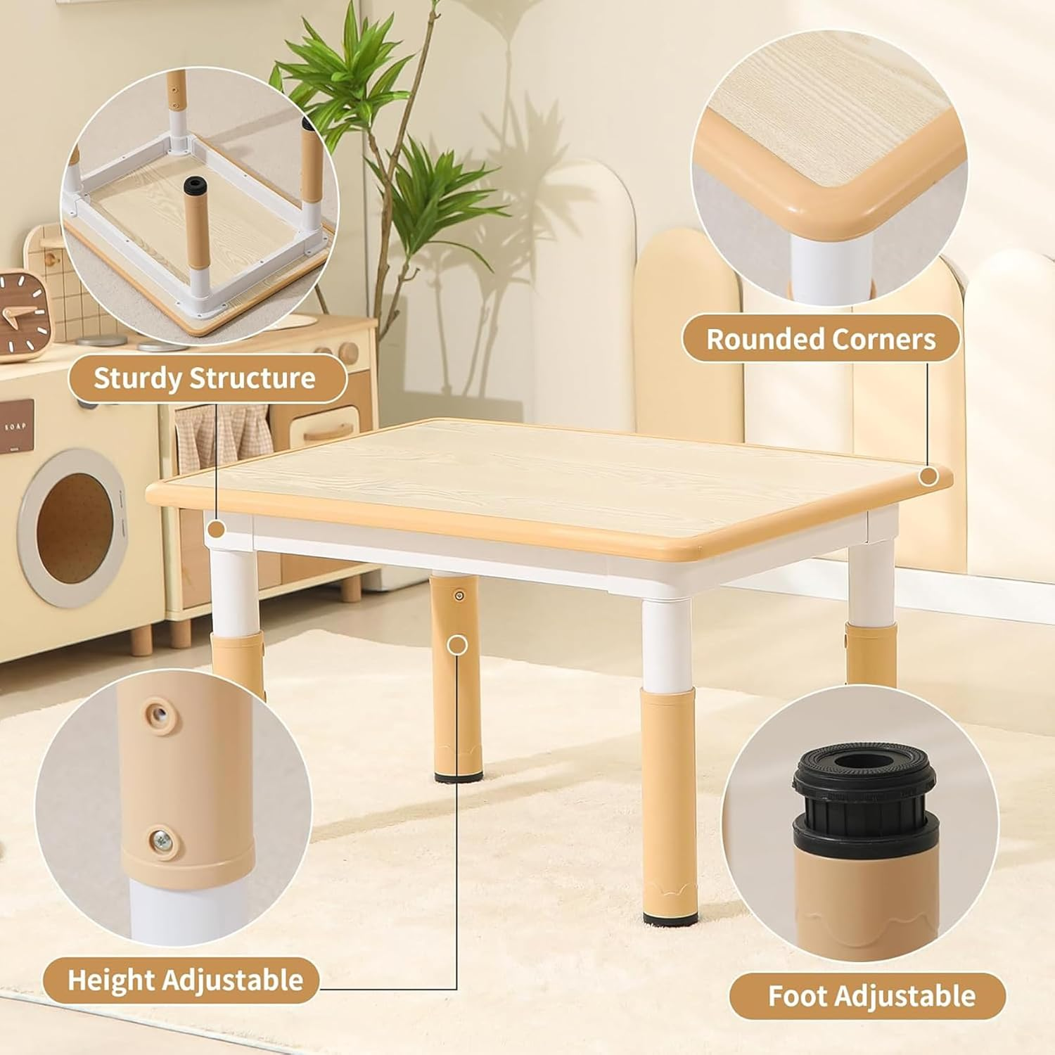 Kids Table and 2 Chairs Set, Height-Adjustable Toddler and Desk and Chair, Children Activity Graffiti Desktop for Classroom Daycare Home, 3-Piece Set Yellow Beige image number 3