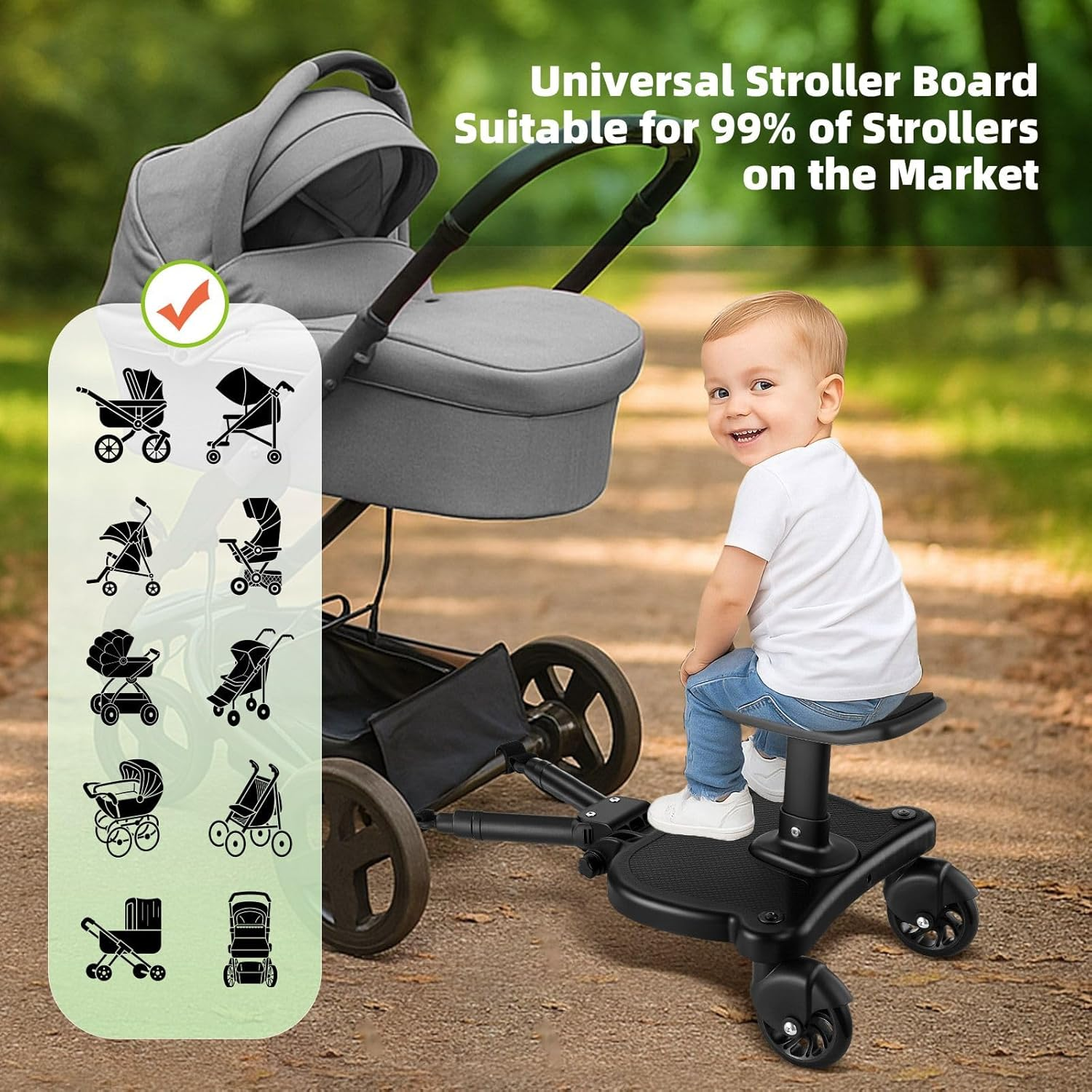 OGL Universal Stroller Board with Seat Attachment &ndash; Stand or Sit Ride-On Stroller Step Board for Toddlers, Adjustable Connector for Most Strollers, Shock-Absorbing Wheels, Holds up to 25Kg image number 2