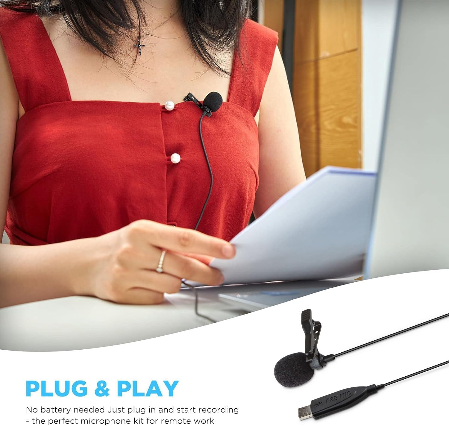 USB Lavalier Microphone, Fyvadio 3M Lapel Microphone for Computer, Lapel Clip-On Omnidirectional Condenser Mic for Laptop, PC and Mac, Perfect Podcasting, Gaming, Streaming and Recording [Plug & Play] image number 6