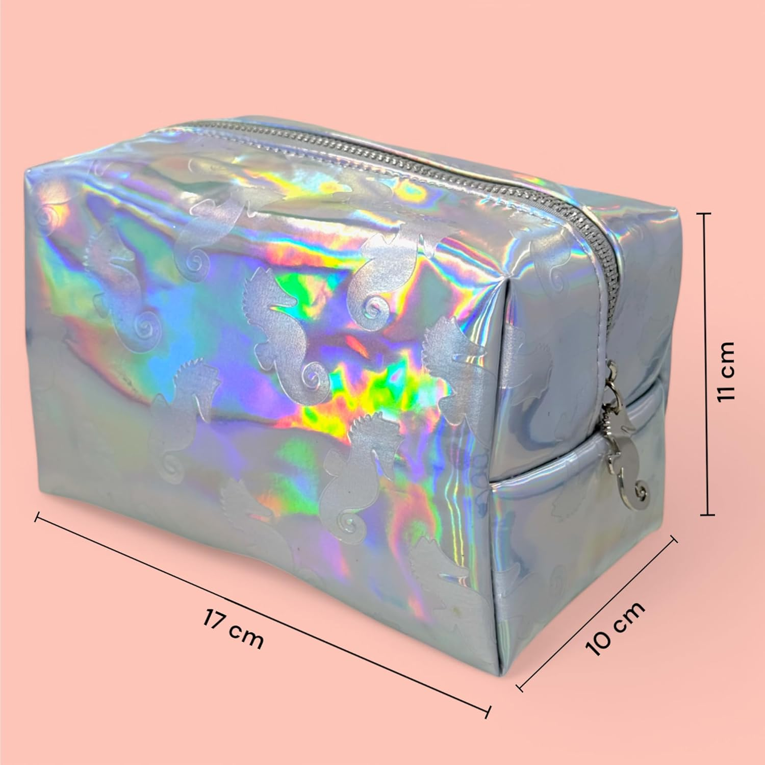 MIJOMA Beauty Bag - Holographic Seahorse Print 100% Polyester Wipe Clean Makeup Bag 17X11X10Cm, Silver, 17 Cm Breite, 11 Cm H&ouml;he, 10 Cm Tiefe, Modern image number 2