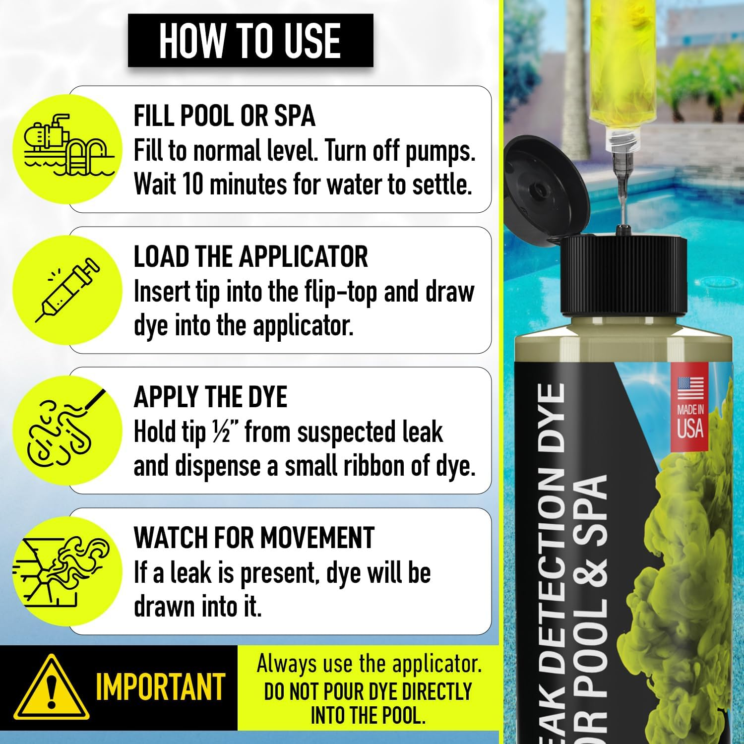 Pool Leak Detection Dye Kit - with 2 Precision Applicators - Made in USA - Superior Long Lasting UV Pool Dye Easily Locates Leaks - for All Pool, Spa, & Hot Tub Types - 8 OZ (Fluorescent Yellow) image number 1