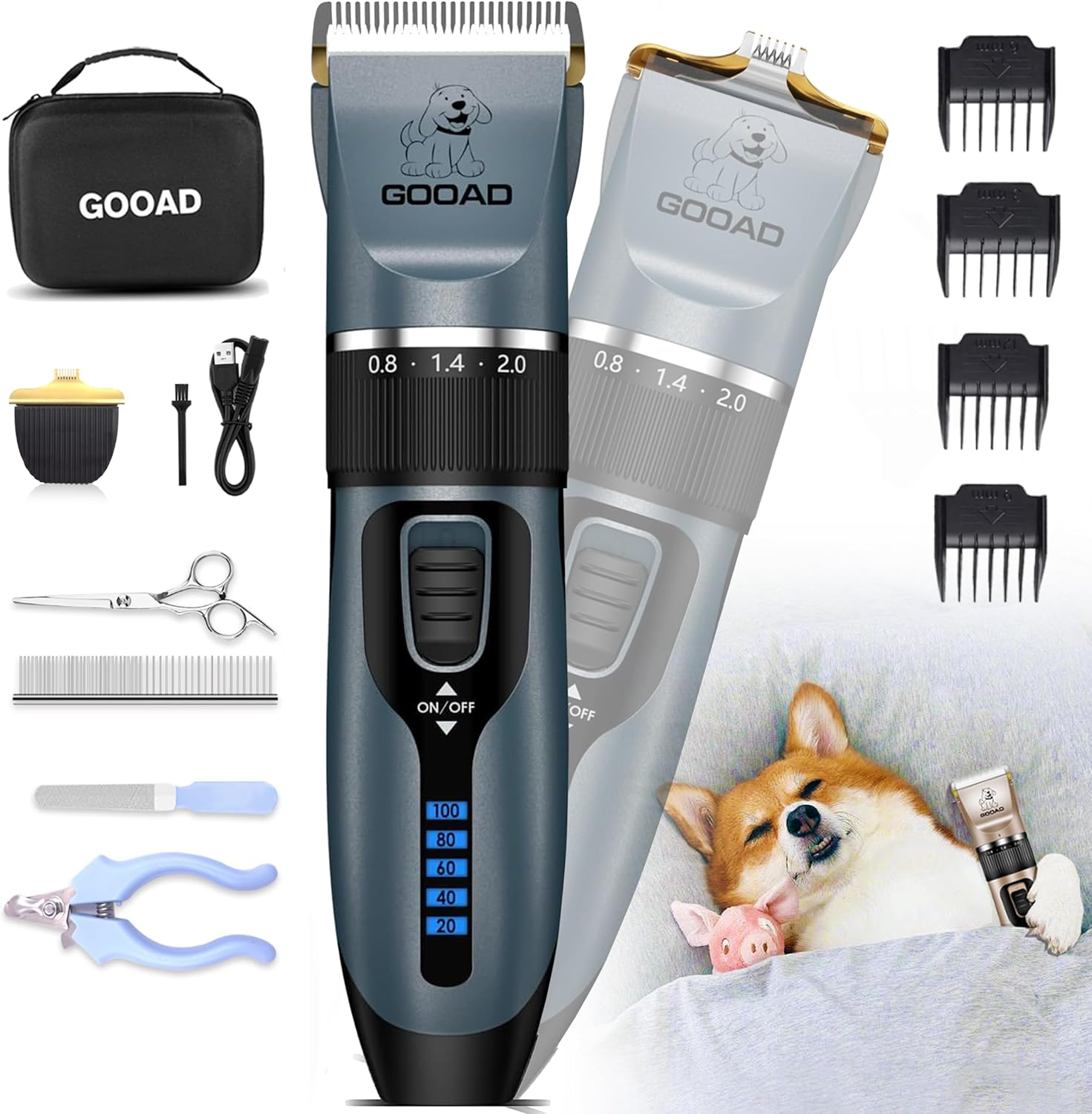 Gooad Dog Clippers for Grooming,Dog Grooming Kit for Heavy Thick Hair&Coats/Low Noise Rechargeable Cordless Hair Trimmer/Pet Shaver with Paw Trimmer for Small & Large Dogs Cats