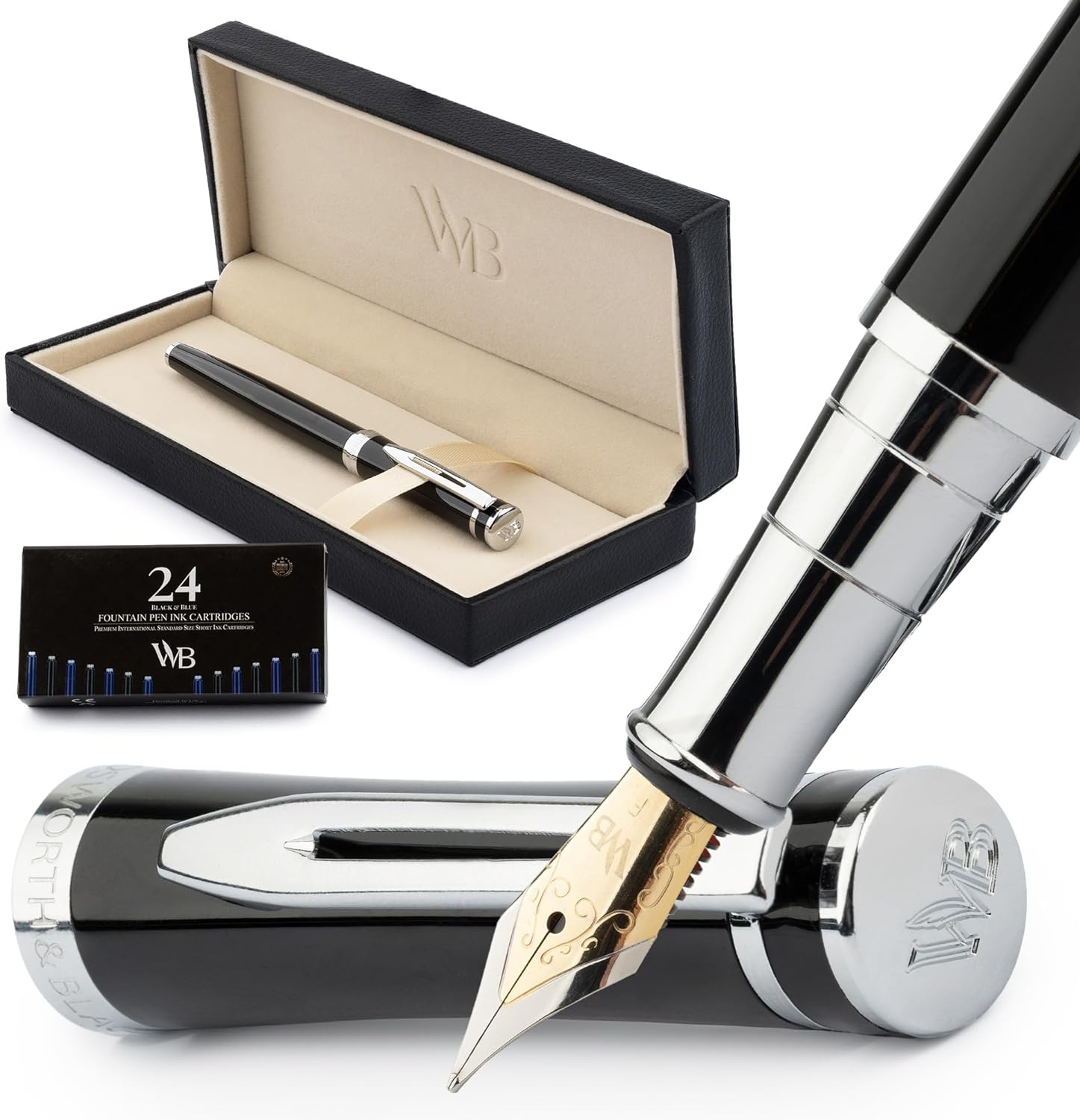 Wordsworth & Black Fountain Pen Set, 18K Gilded Medium Nib, Includes 24 Pack Ink Cartridges, Ink Refill Converter & Gift Box, Gold Finish, Calligraphy, [Velvet Purple], Perfect for Men & Women
