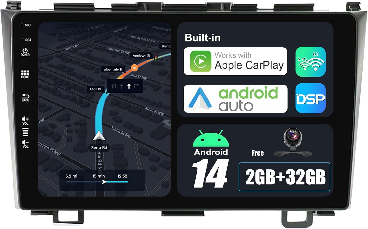 Android 14 IPS Car Stereo for Honda CRV (2006-2011) - 2G+32G - Wireless Carplay/Android Auto - Rear Camera Free - 9 Inch 2 Din - DAB Steering Wheel Fast-Boot DSP Bluetooth Wifi image number 3