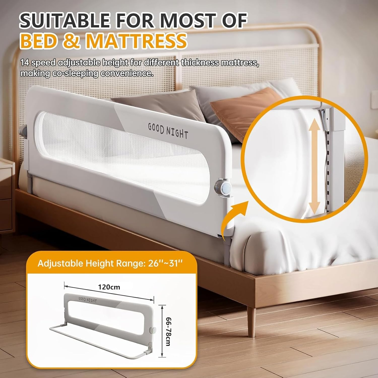 120Cm*78Cm Foldable Toddler Bed Side Rails, Baby Kids Safety Guard for Twin, Full, Queen Bunk King Size Swing down Crib, Grey image number 2