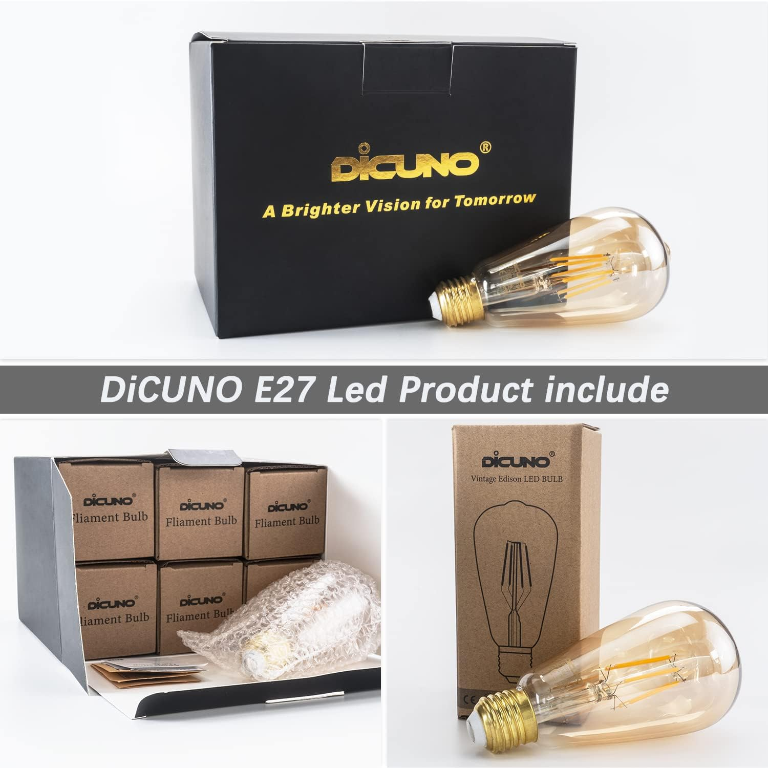 Dicuno E27 LED Edison Bulb, Vintage Light Bulb, 6W (60 Watt Equivalent), Retro Amber Warm Glass, 600LM, Warm White 2200K, Non-Dimmable, 2-Pack image number 3