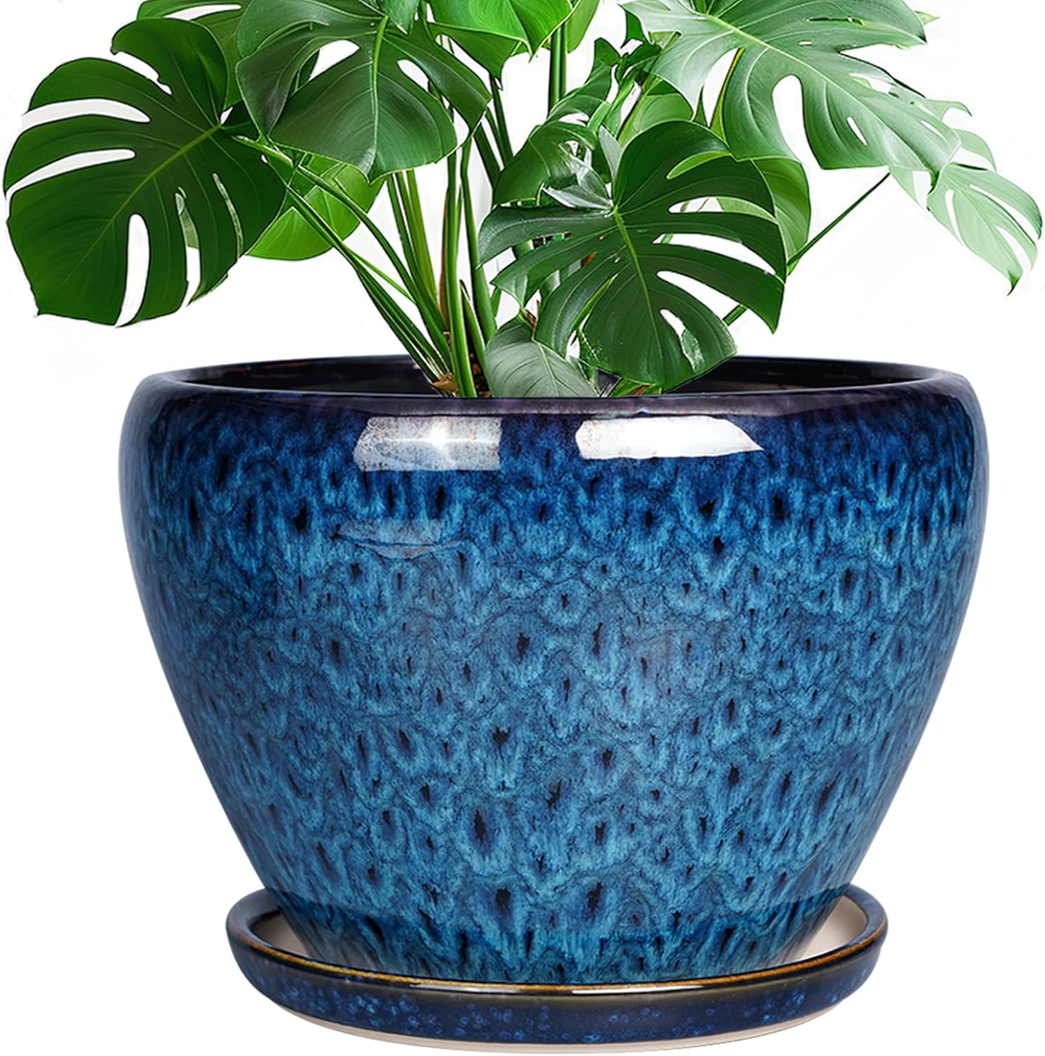 10 Inch Ceramic Planter Pot, Ceramic Plant Pot for Indoor Outdoor Plants, Large Flower Pot with Drainage Hole and Saucer, Blue image number 1