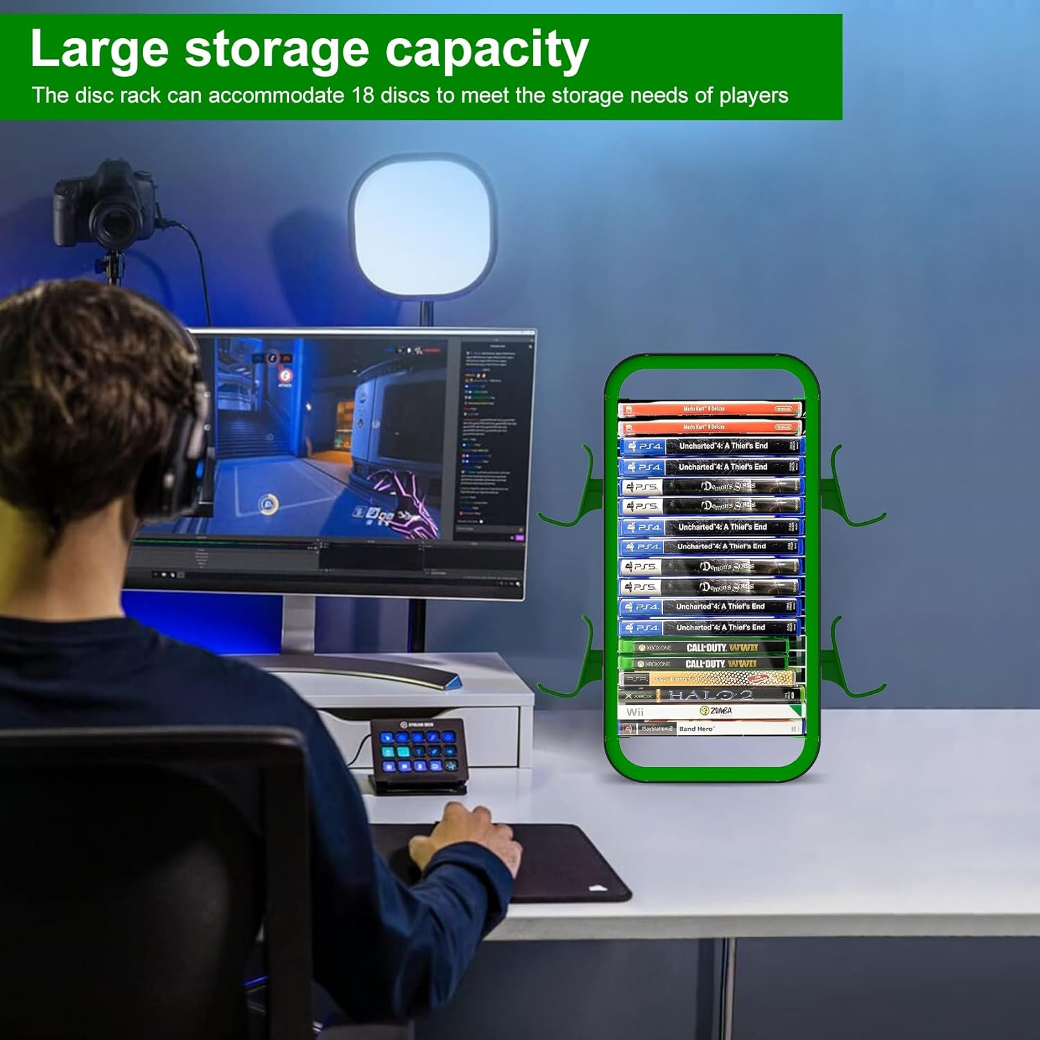 Oyo-1【40Cm】Game Storage Tower Compatible with PS5/ Xbox Series S & X/Switch, Universal Video Games Discs Organizers 18 PCS with 4 Controllers Holder, Game Disk Box Stand. (Black/Green) image number 1