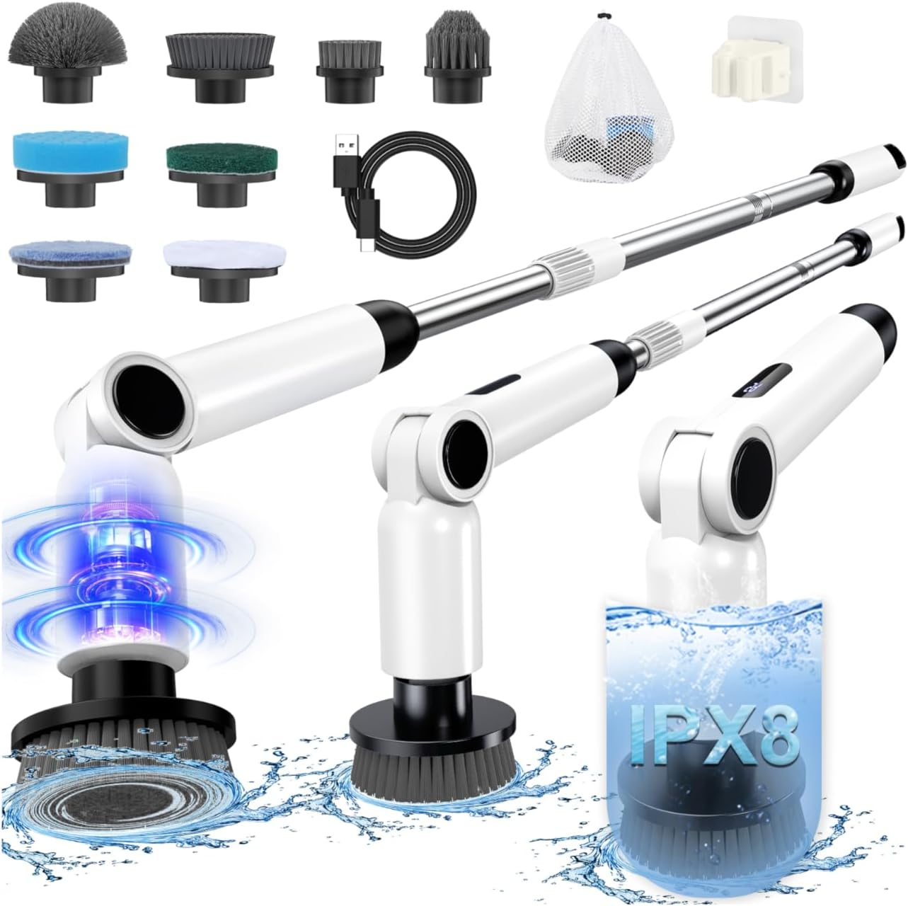 Electric Spin Scrubber, [4 Adjustable Angles] [Battery Display ] Homtronics Cordless Power Scrubber with 8 Replaceable Brush Heads, 450RPM Electric Cleaning Brush for Bathroom, Floor, Tile, Car-White image number 4