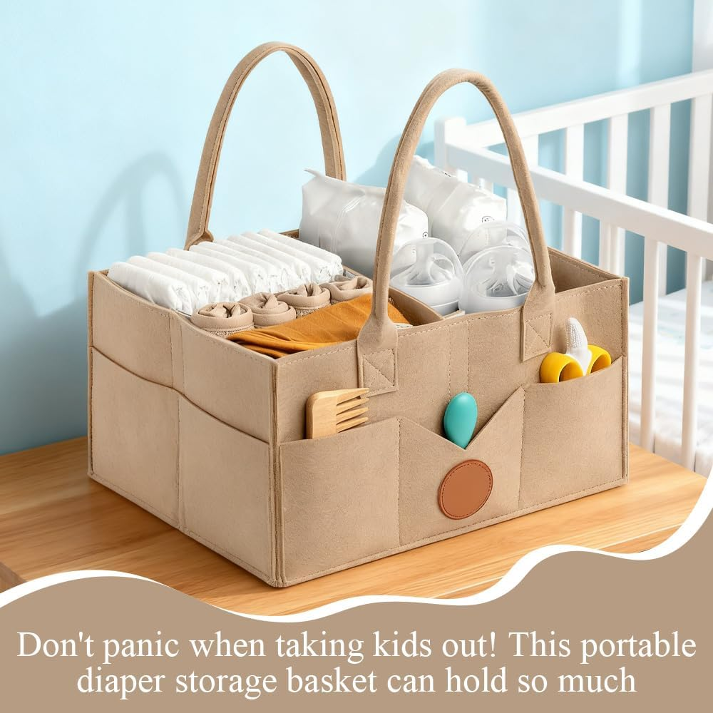 Diaper Caddy Organizer, with Handle and Multiple Compartments, Portable Diaper Tote Bag, Nappy Caddy Storage Basket, Large Travel Car Caddy, Khaki image number 4