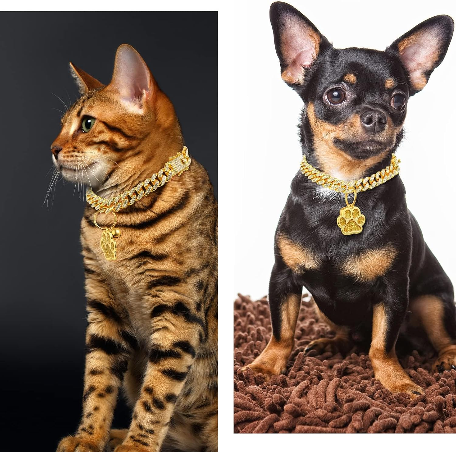 Cat Collar Diamond Chain Glitter Collar Walking Metal with Secure Buckle Cat Pet Necklace with Paw Charm Bell Link Cuban Jewelry Accessories(8 Inch,Gold) image number 3