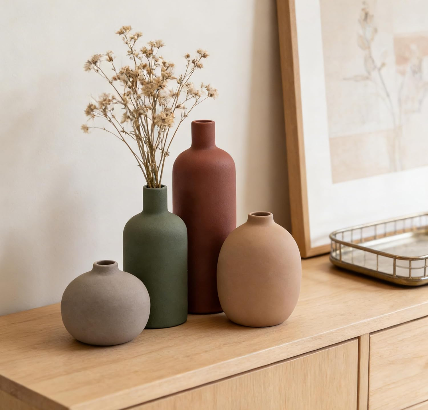 Ceramic Vase Set of 4, Classic Matte Flower Vases for Home Decor, Bookshelf, Bathroom, Living Room (Red/Green/Dark Brown/Grey) image number 2