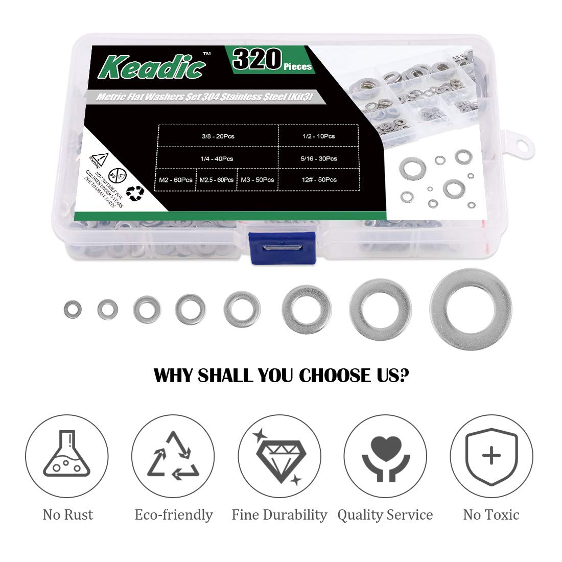 Keadic 320Pcs Flat Washers Set Stainless Steel, 8 Sizes - 1/2 3/8 5/16 1/4 12# 10# 8# 6# Hardware Gasket Assortment Kit (Kit3) image number 5