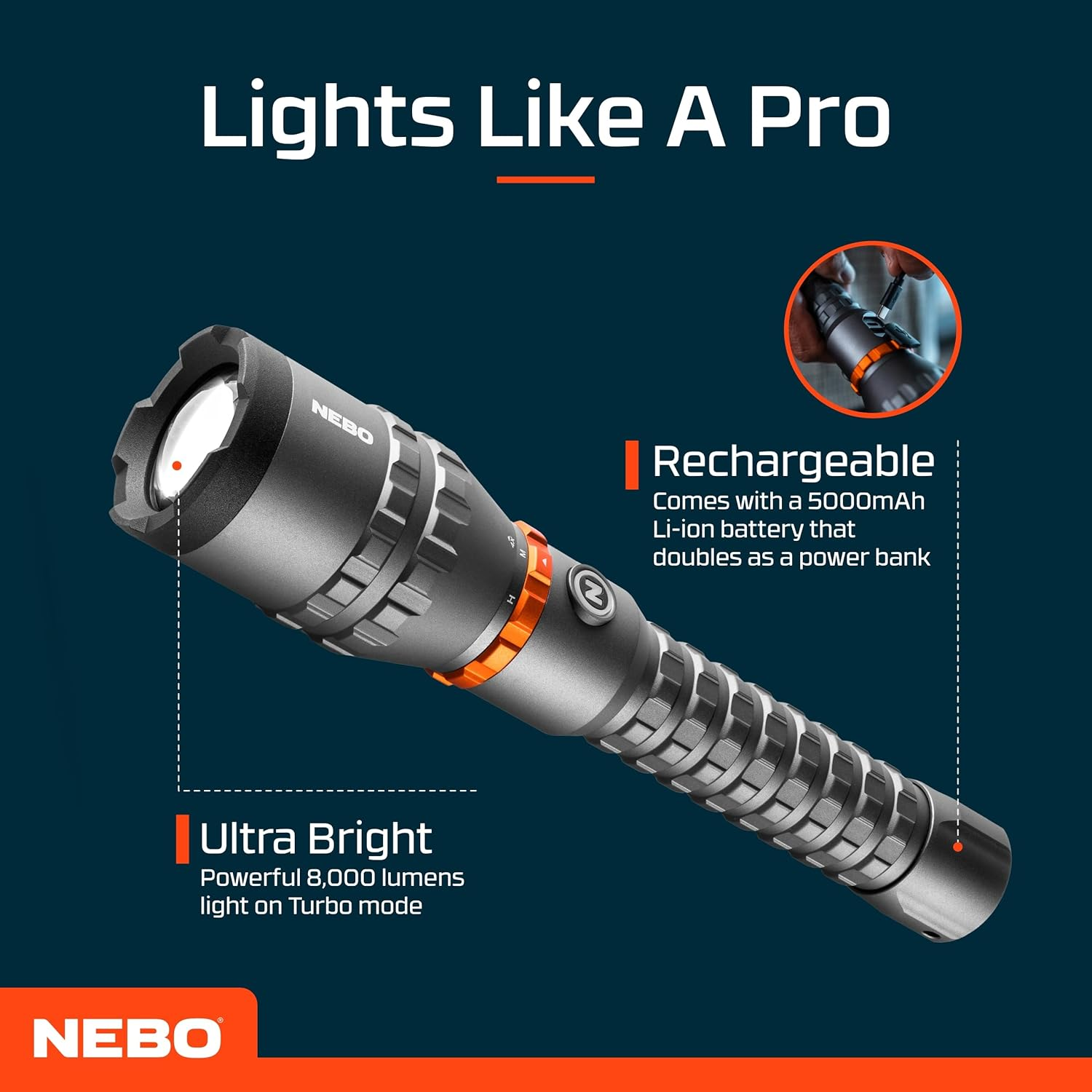 NEBO Davinci&trade; 8000 &ndash; 8,000 Lumen USB‑C Rechargeable Handheld Flashlight & Power Bank | 5 Modes + Strobe, 4&times; Zoom, Mag‑Dial, Smart Power & Temp Control, IP67 Waterproof, Tactical Grip image number 2