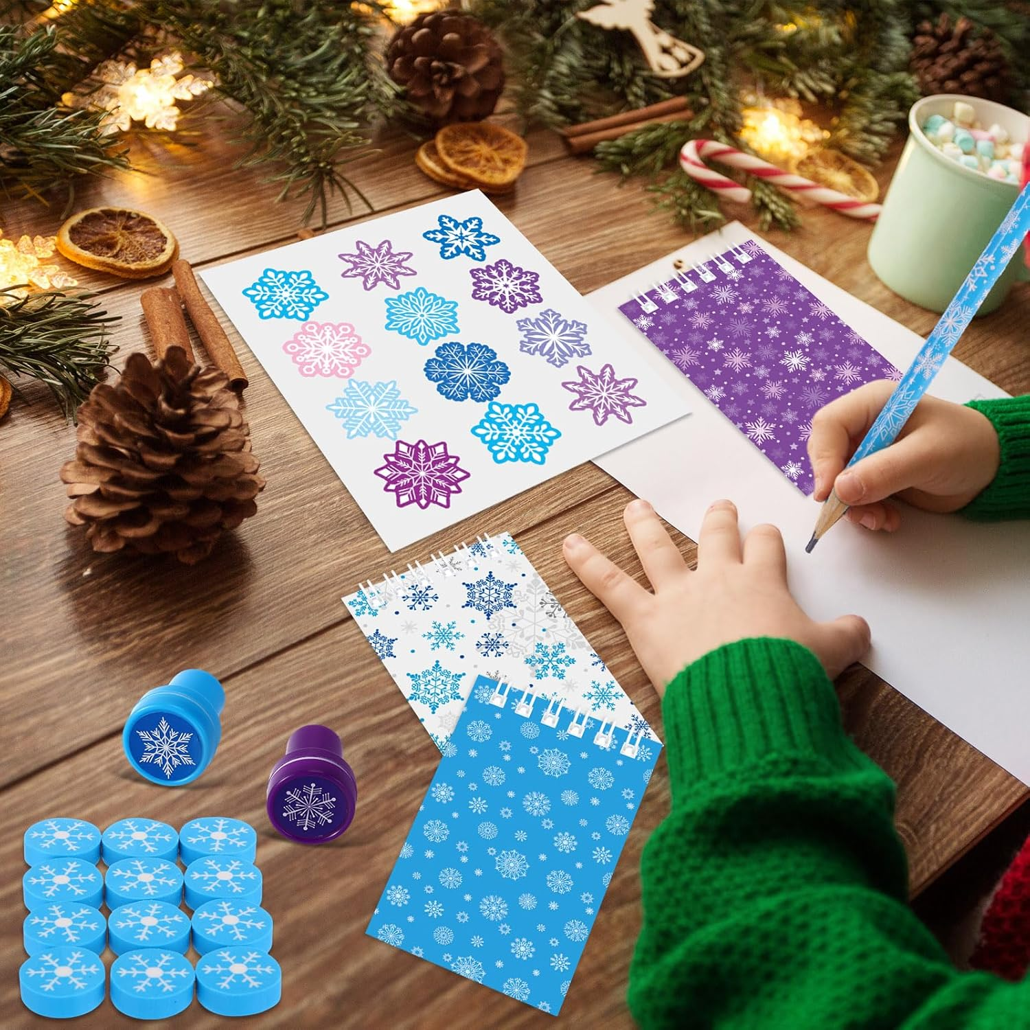 192 Pieces Christmas School Stationery Set Xmas Classrooms Exchange Stationery Gifts Party Favors Class Reward Prizes Notebooks Pencils Sharpener Erasers Stickers Stamps for Party Supplies (Snow)