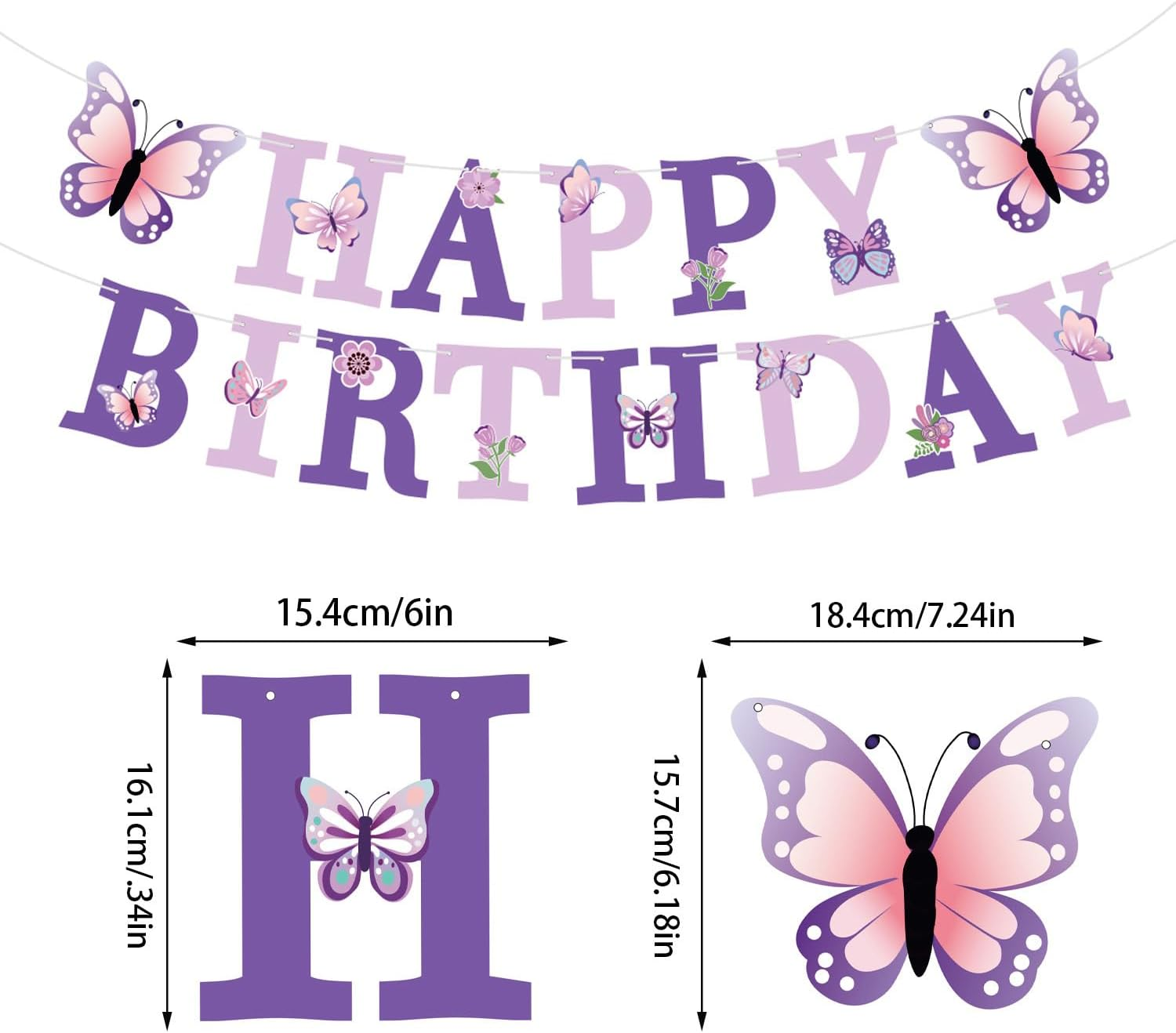 Butterfly Birthday Party Decorations Set, 19 Pieces, Purple and Pink Banner with Hanging Swirls and Cupcake Toppers image number 1