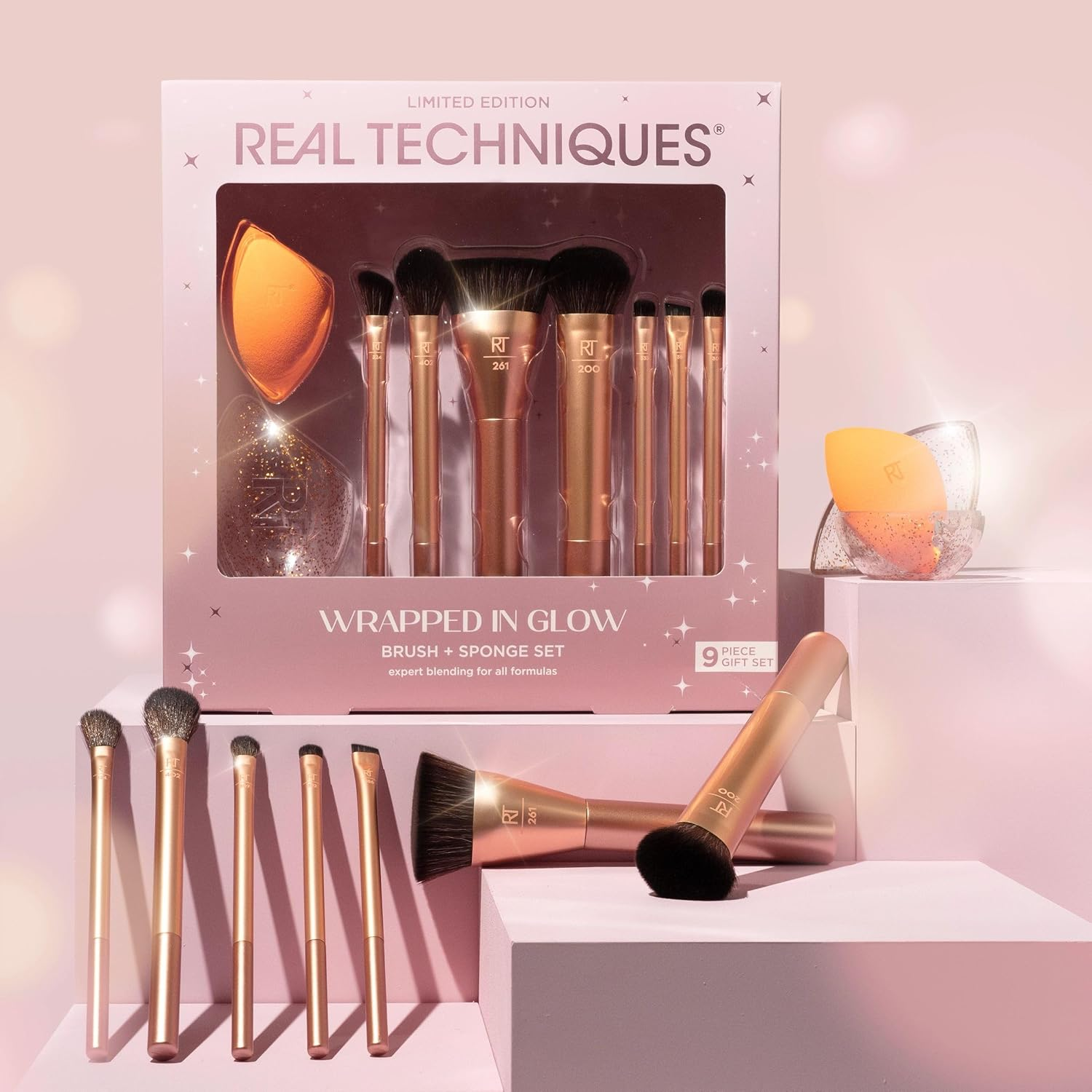 Real Techniques Wrapped in Glow Brush + Sponge 9 Piece Set, Complete Makeup Brush Set, Foundation Sponge, Seamless Blending & Travel Case, Stocking Stuffer image number 3