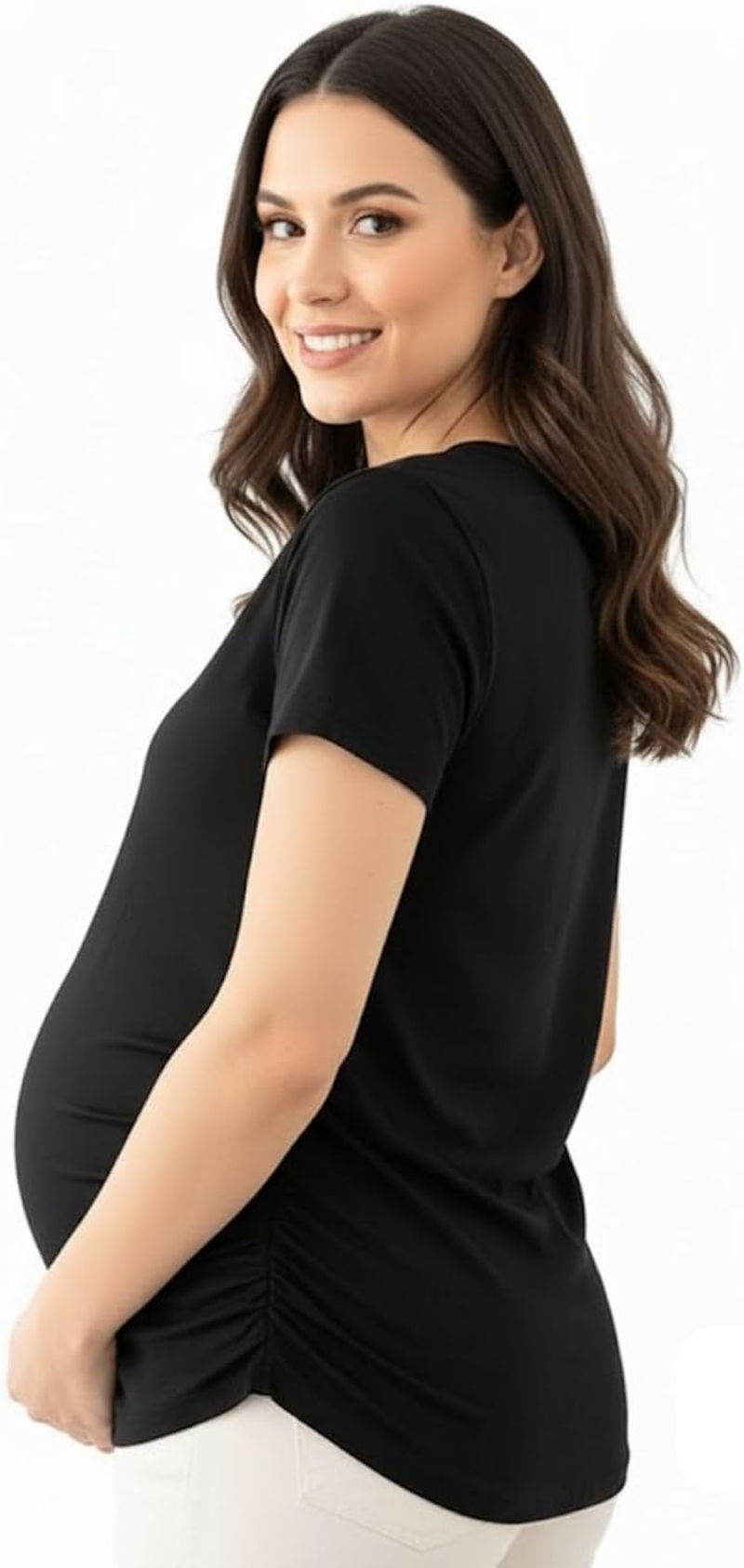 Maternity Tops Essentials with Coming Soon Baby Feetprint Graphics Tees Short Sleeves Side Ruched T-Shirt