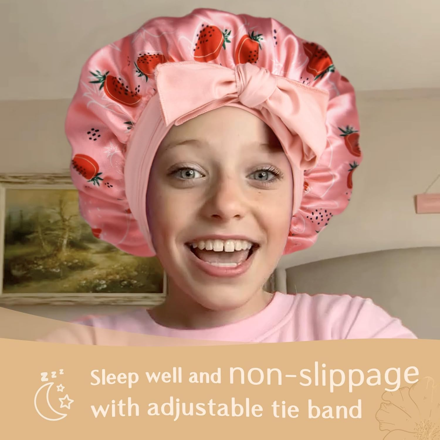 Satin Bonnet Sleep Cap for Black Women - Adjutable Silk Bonnet for Curly Hair image number 4