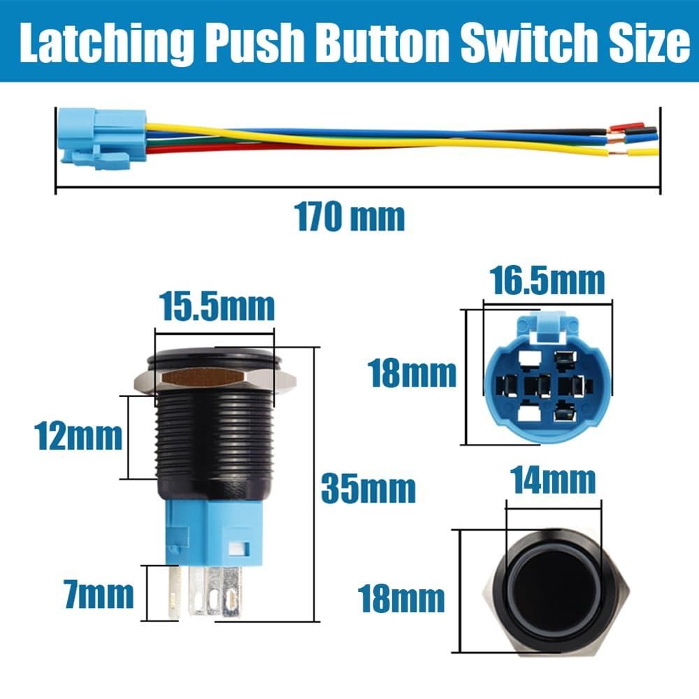 Yakamoz 2Pcs 16Mm Waterproof Latching Push Button Switches, 12V Self-Locking Button on off with Sockets White LED Wiring Harness for Automotive, Marine, Industrial Machinery and DIY. image number 2