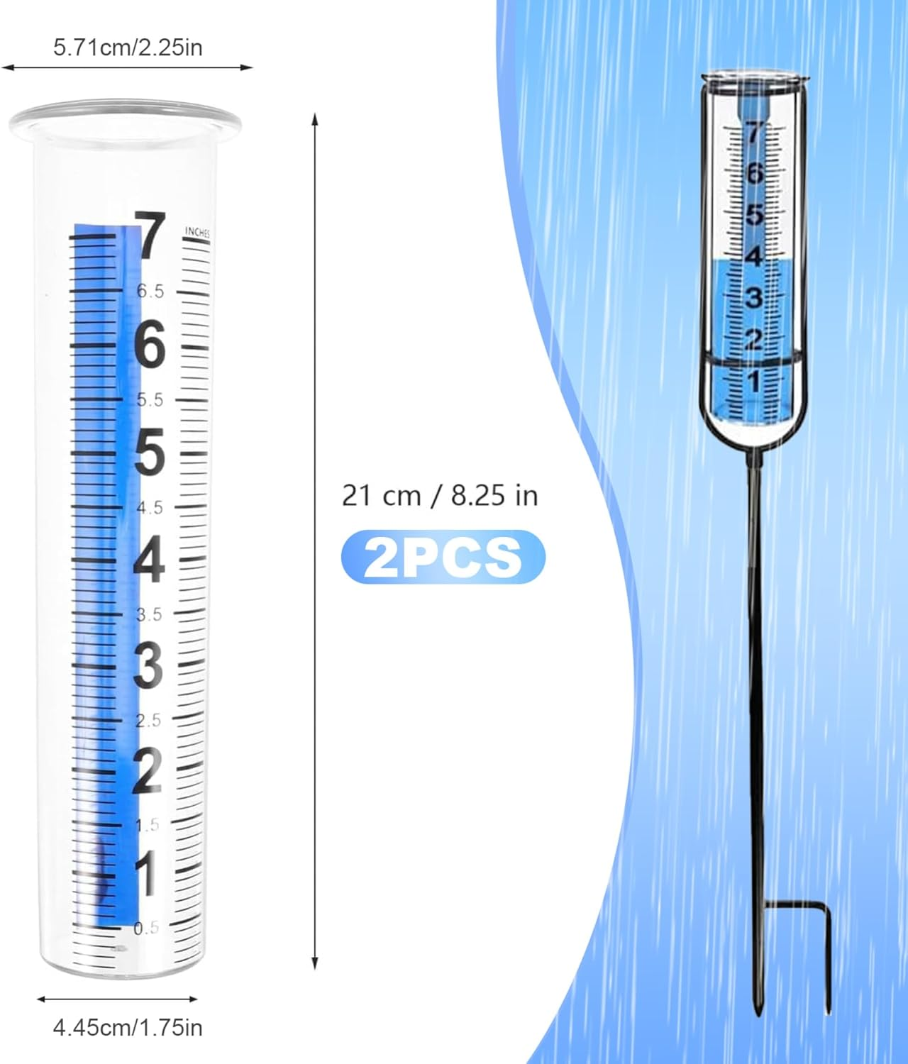 Rain Gauge 8" Capacity Clear Water Gauge for Rain with Large Numbers Scale Crack-Resistant Outdoor 2 Pcs for Yard, Garden, Lawn- image number 4