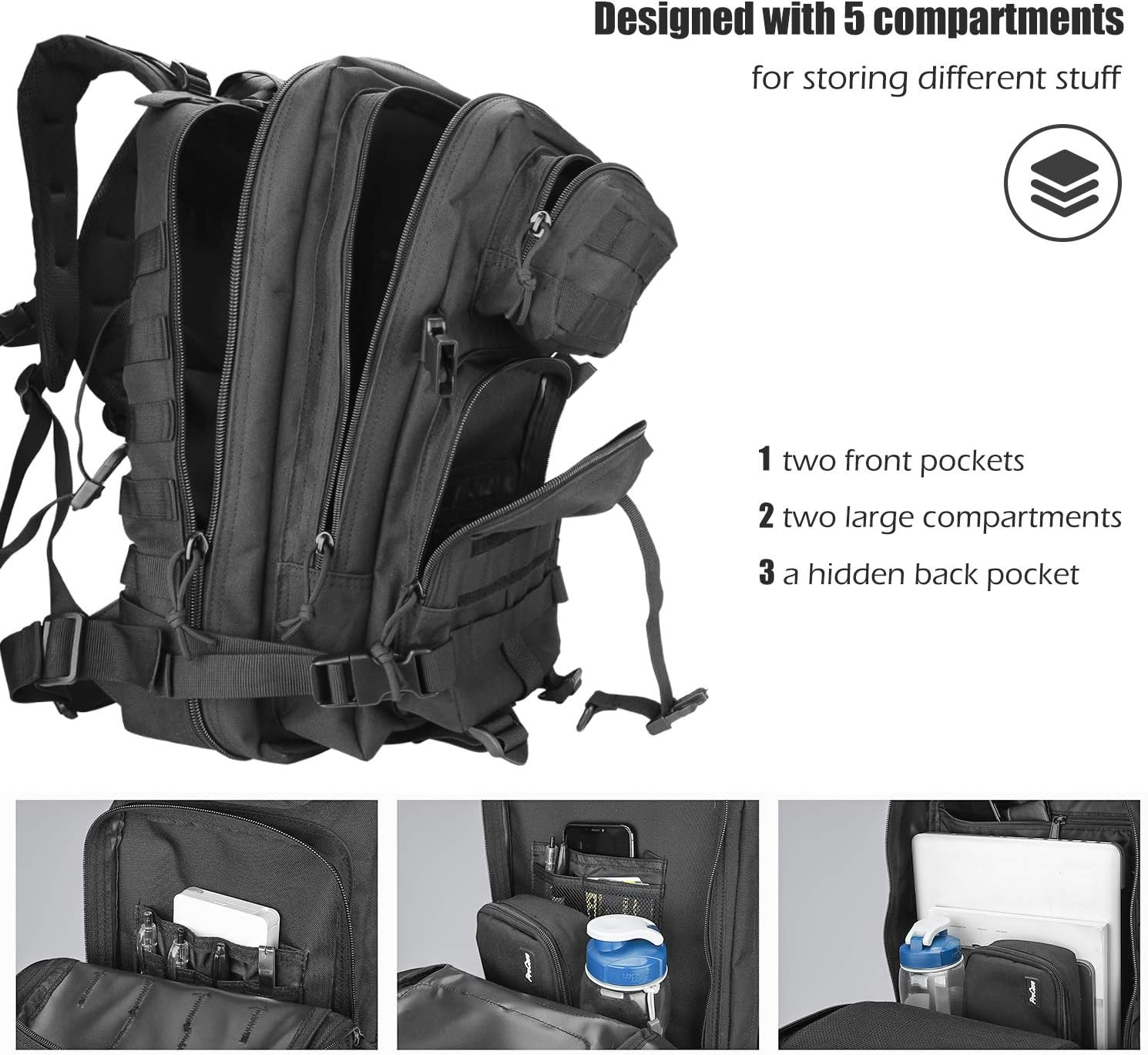 Procase Military Tactical Backpack, 35L Large Capacity Rucksacks 2 Day Army Assault Pack Go Bag for Hunting, Trekking, Camping and Other Outdoor Activities -Black image number 1