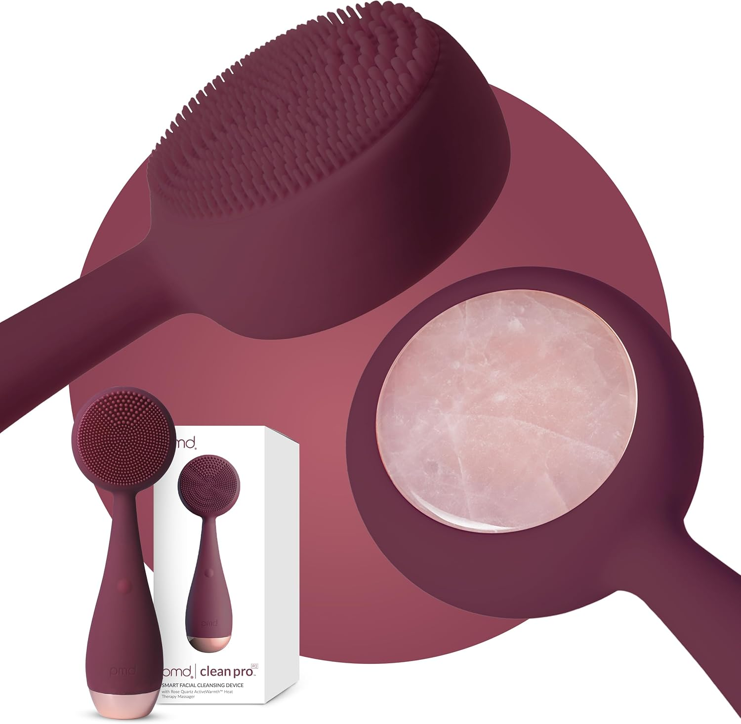 PMD Clean Pro RQ - Smart Facial Cleansing Device with Silicone Brush & Rose Quartz Gemstone Activewarmth Anti-Aging Massager - Waterproof - Sonicglow Vibration - Lift, Firm, and Tone Skin on Face and Body