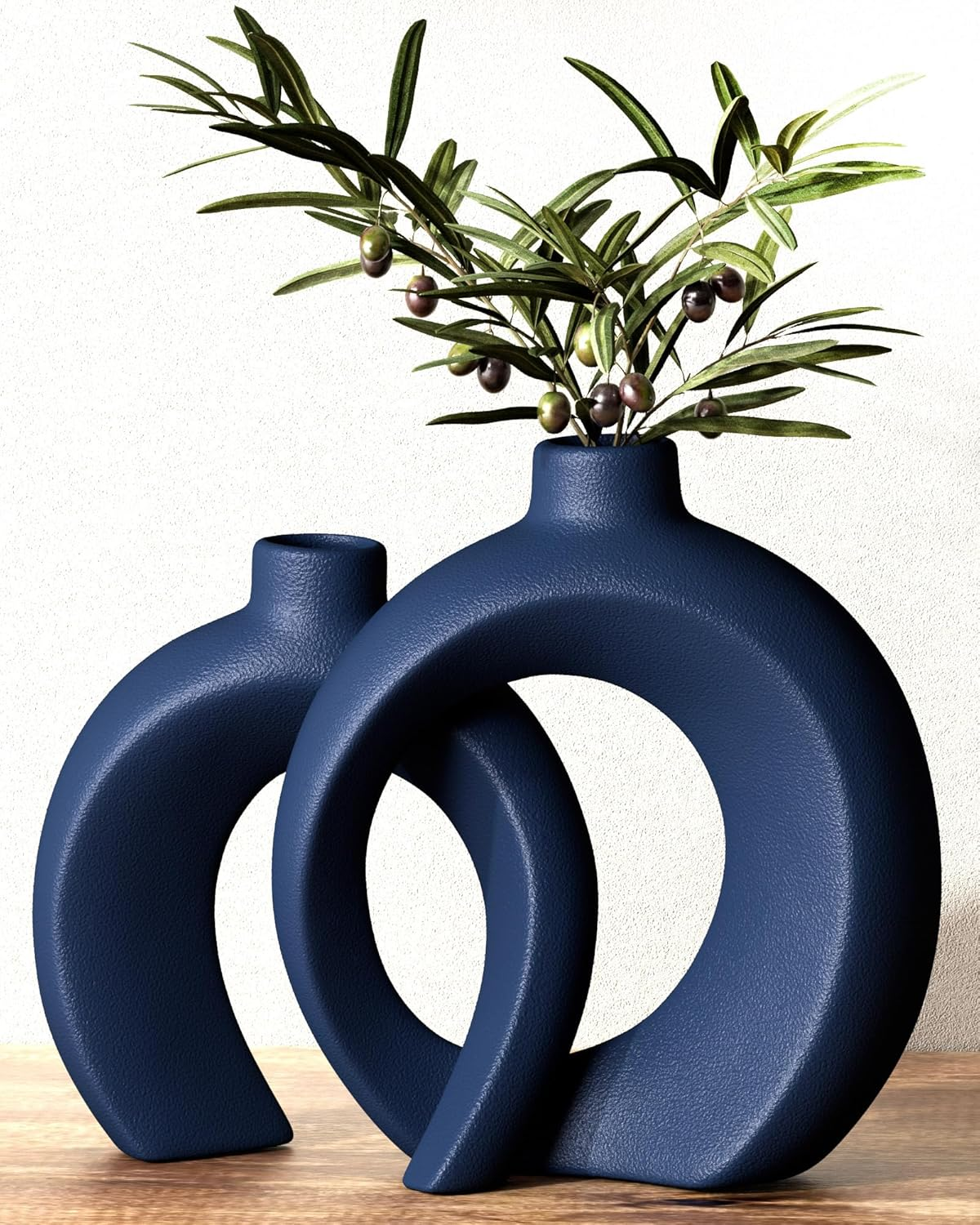 Matte Ceramic Blue Vase Set of 2 - Snuggle Hollow Navy Blue Decor for Living Room, Vases Home Decor for Coffee Table Sofa Table Entrance Shelf or Console Fireplace Mantel Decor (Matte Navy Blue)