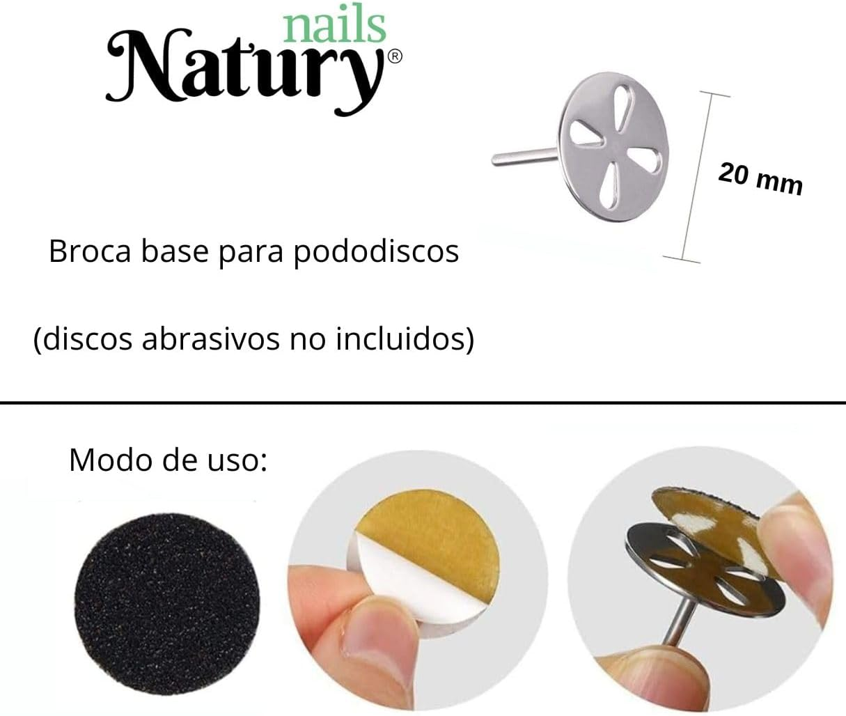 Natury Nails 20 Mm Base Drill Bit and 4 Slots for Interchangeable Pedicure Discs for Nail Lathes, Pedicure, Callus and Roughness (BROCA BASE)