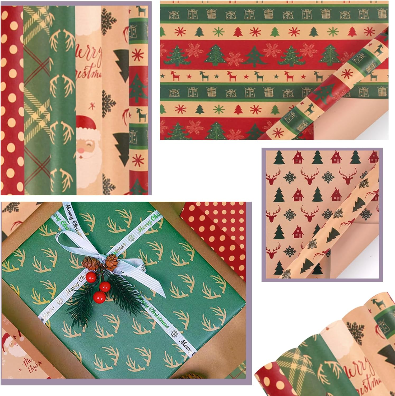 Xugoox 6 Sheet Christmas Wrapping Paper, Wrapping Paper, Brown Packaging Paper with String Sticker, Xmas Trees Gift Wrap for Christmas Holiday New Year Wedding Party Decor DIY Craft image number 2