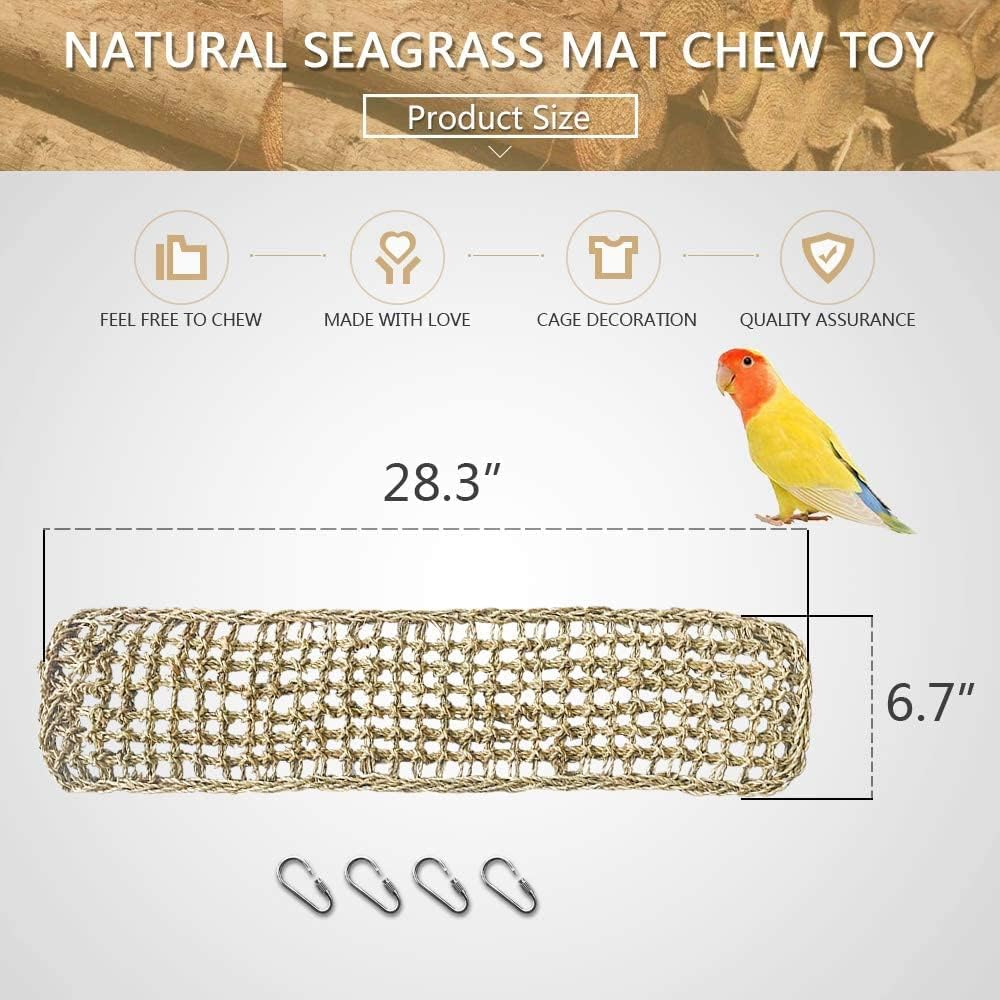 Bird Seagrass Mat,Natural Grass Woven Net Hammock Hanging on Parrot Cage with 4 Hooks,Parakeet Climbing Rope Ladder Chew Toys for Lovebird Cockatiel Conure Budgie,Cockatoo Supplies 28.3" X 6.7"Dgie