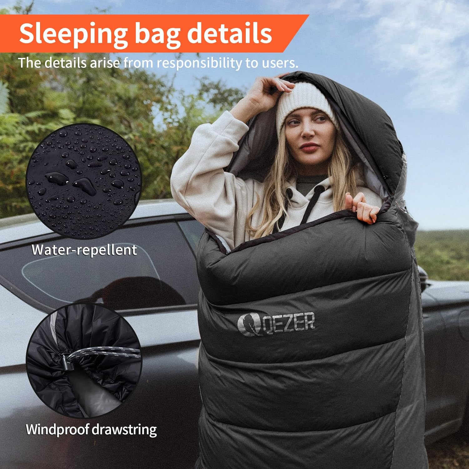 QEZER down Sleeping Bag Ultralight 225 X 80Cm [1440G],Camping Sleeping Bags for Adults and Kids,Suitable for 3-4 Season Camping, Hiking, Backpacking and Outdoor Climbing(800G) - Orange image number 3