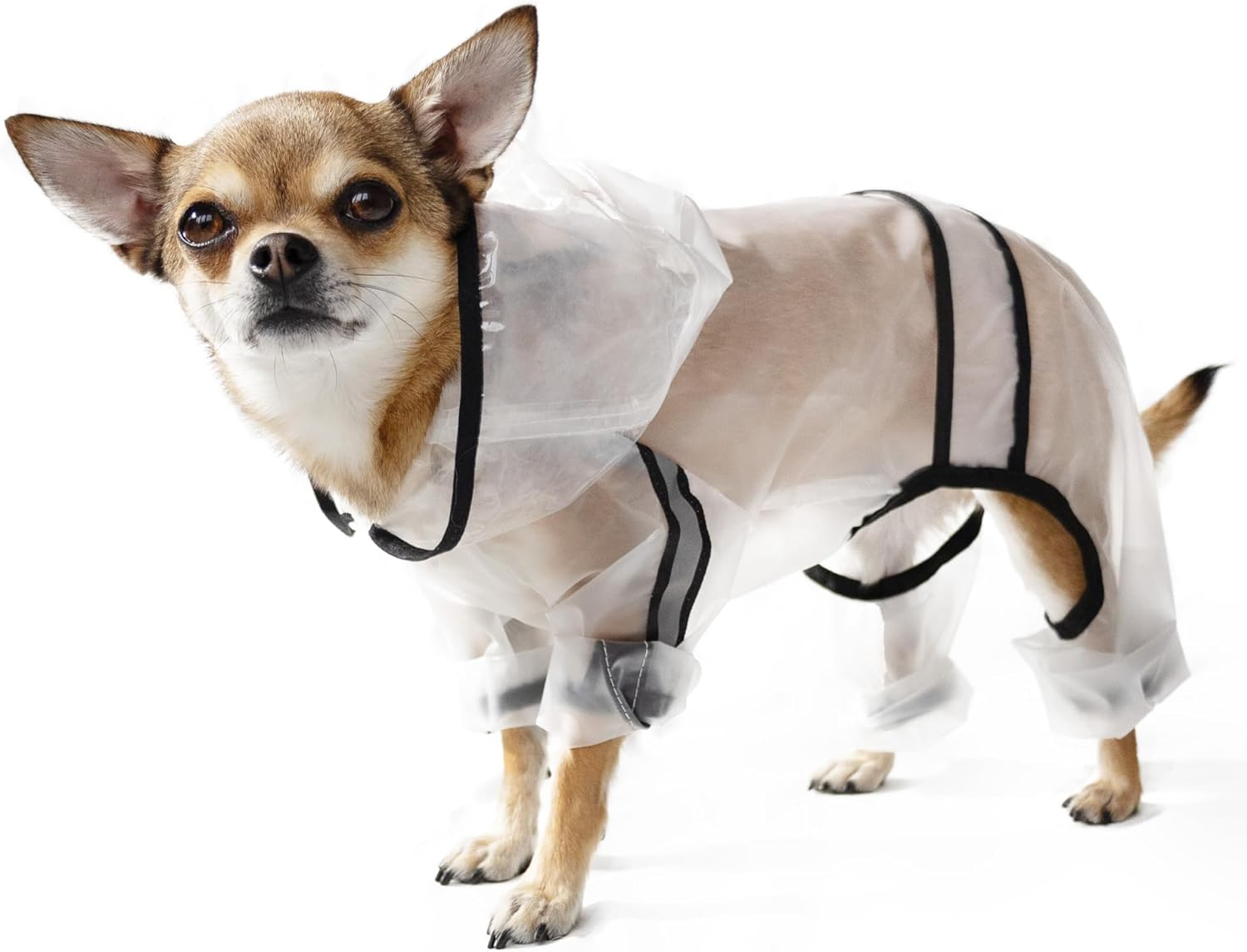 Dog Raincoat Poncho with Hood, Rain Jacket, Waterproof, Windproof, Transparent with Reflective Strip and Leash Hole, Full Body Four Legs Cover (Transparent, L) image number 4